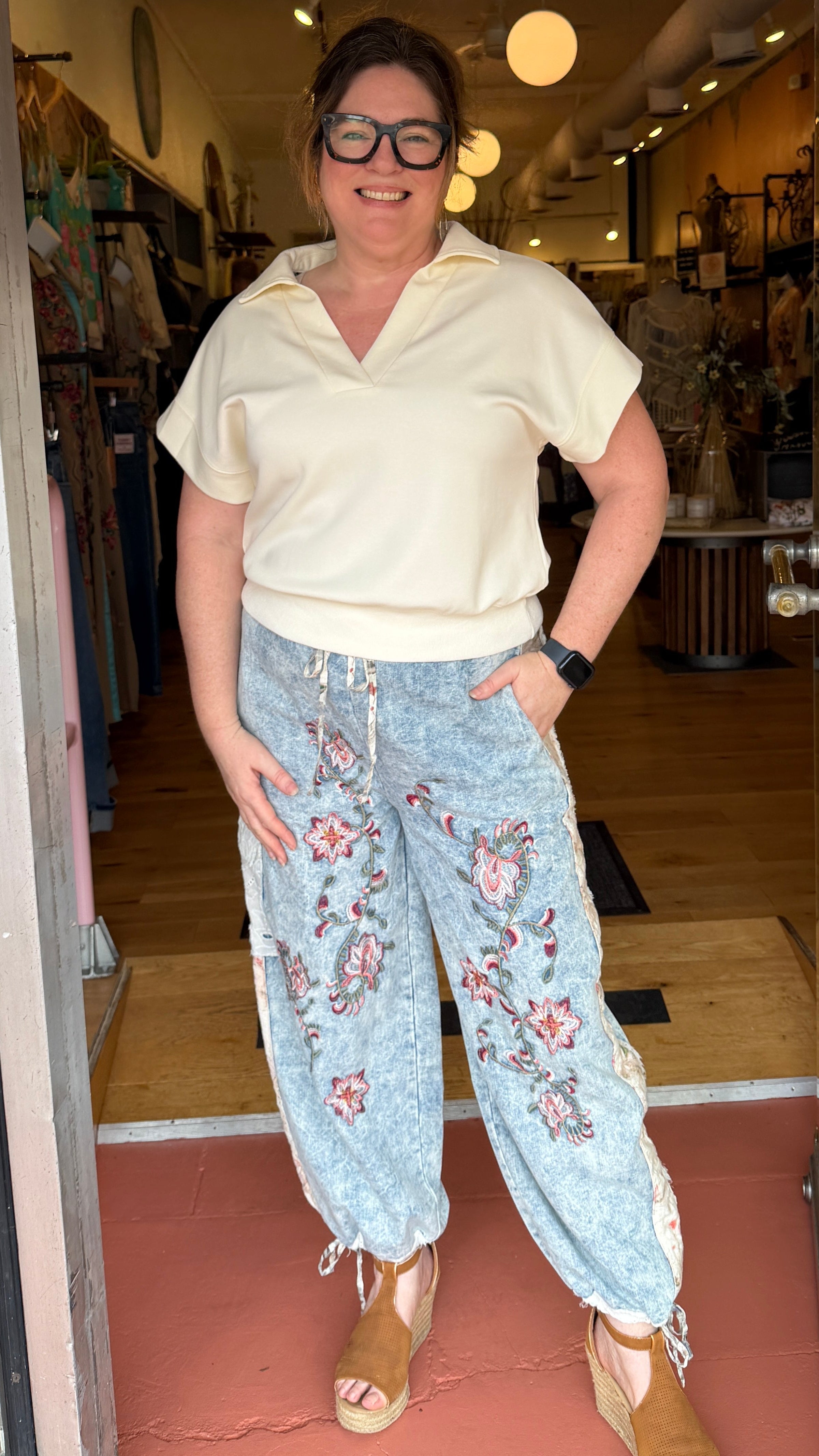 Boho embroidered denim pants