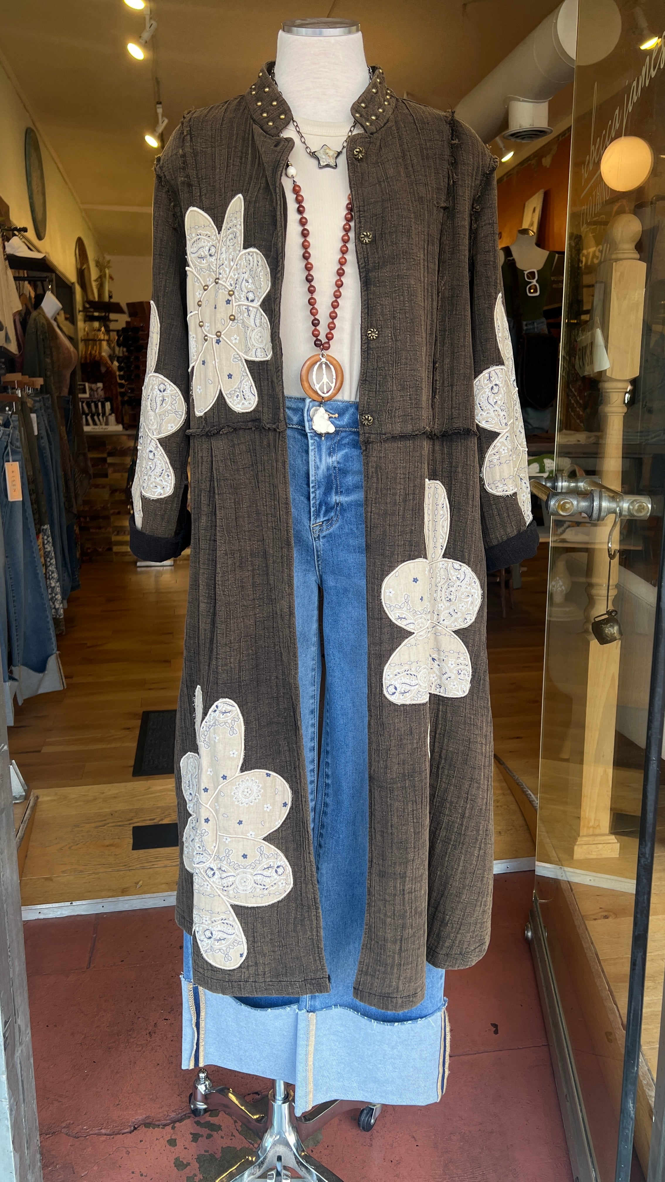 Mineral Washed FLoral Patch Long Cotton Jacket