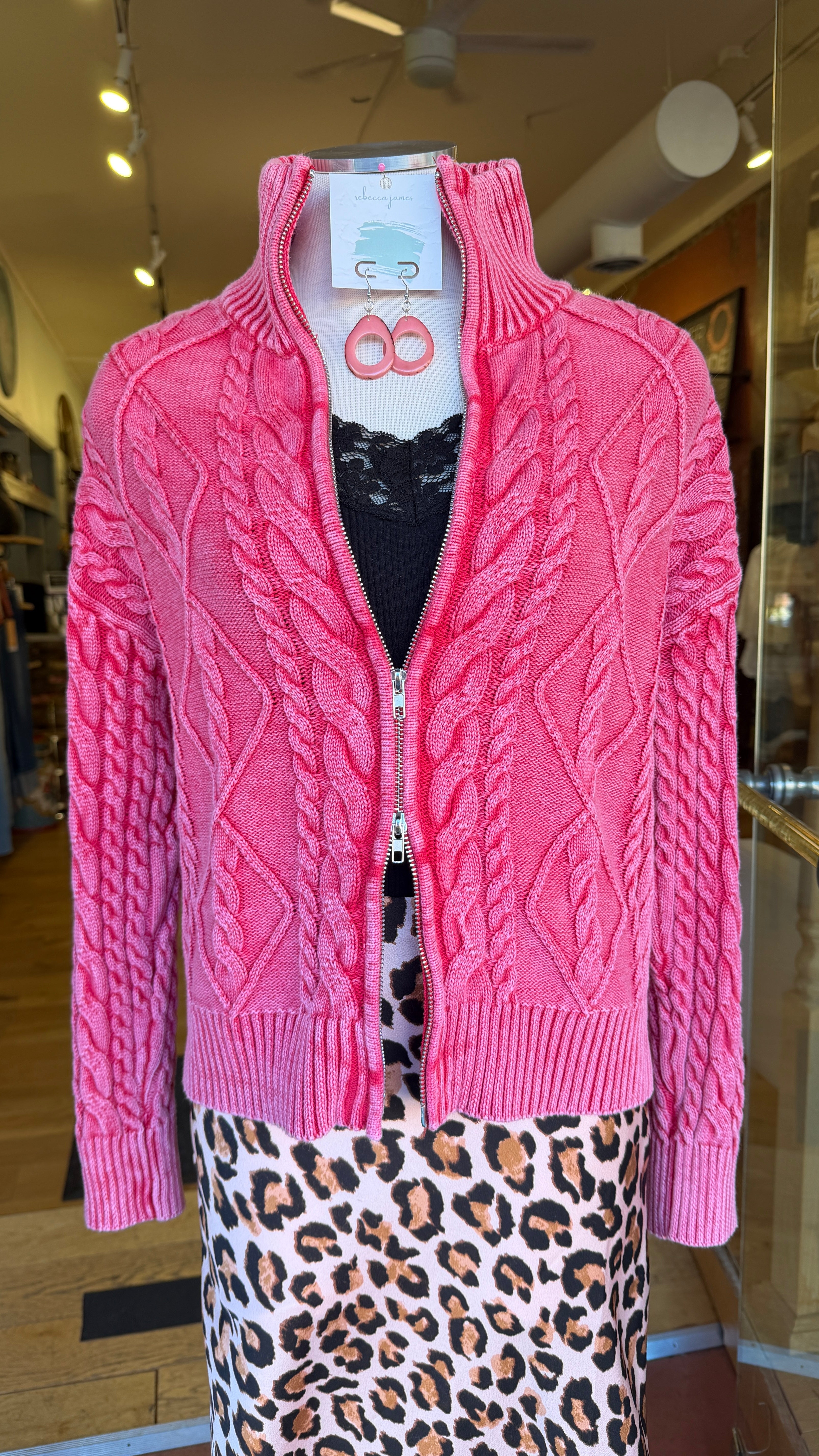Pink Cotton Cable Knit Cardigan with Zipper