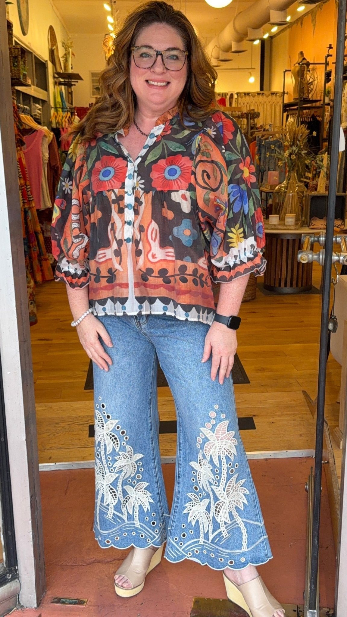 Abstract Flower Garden Boho Button Front Top - Rebecca James Clothing