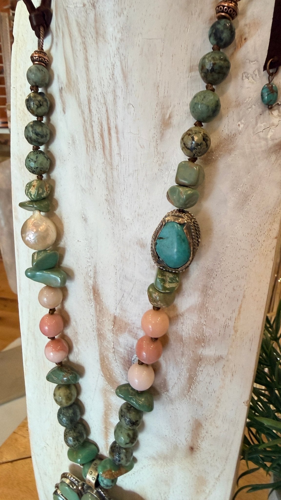 African Turquoise with Pink Conch Shell & Fresh Water Pearl Necklace - Rebecca James Clothing