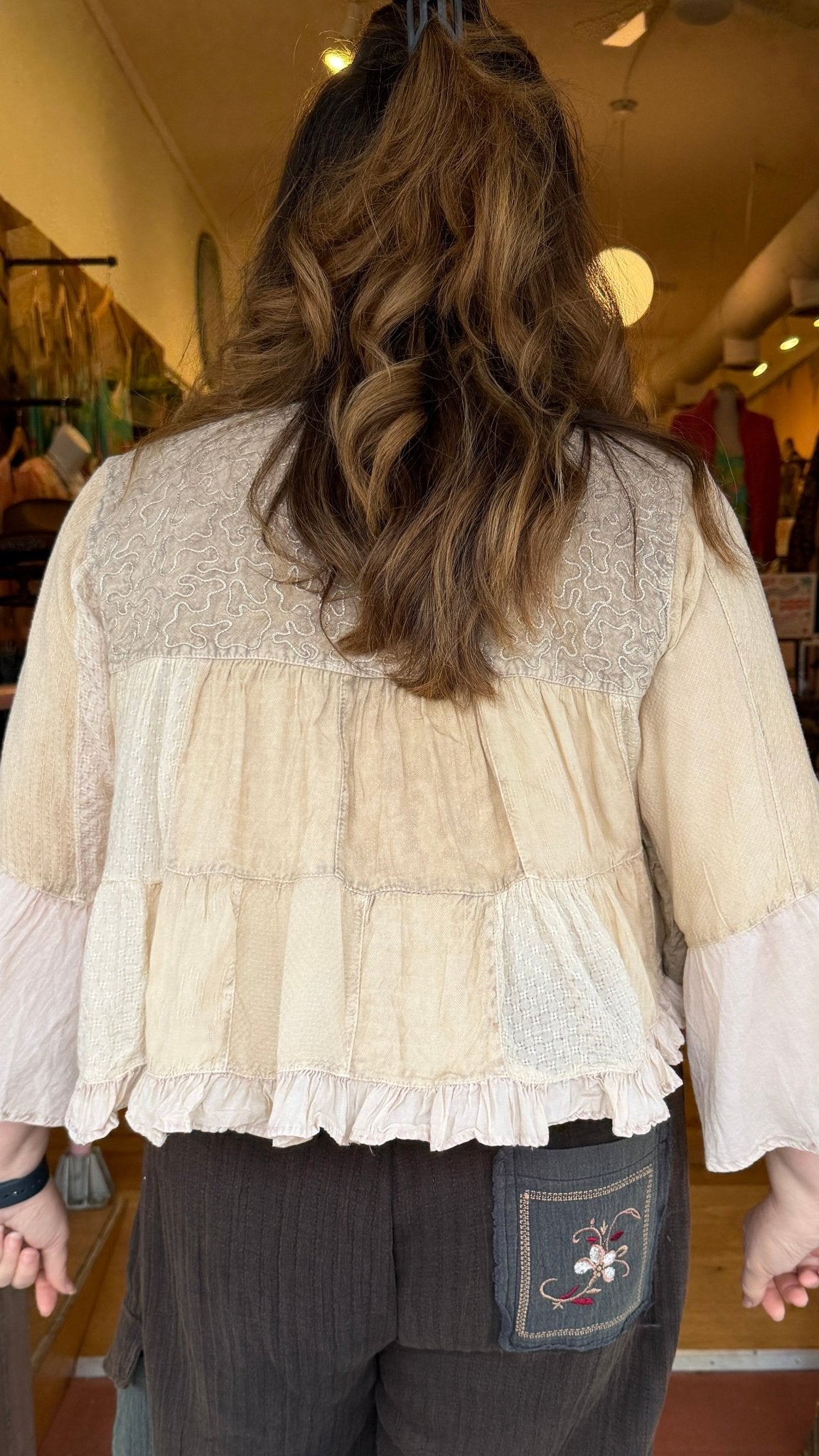 Aria Antique Cream Embroidered Bell Sleeve Crop Jacket - Rebecca James Clothing
