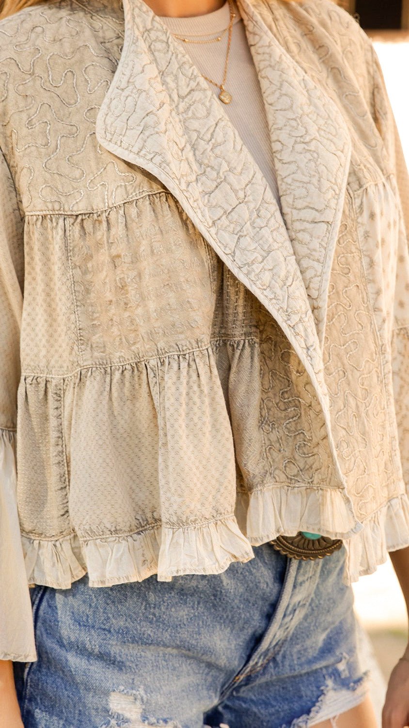 Aria Antique Cream Embroidered Bell Sleeve Crop Jacket - Rebecca James Clothing