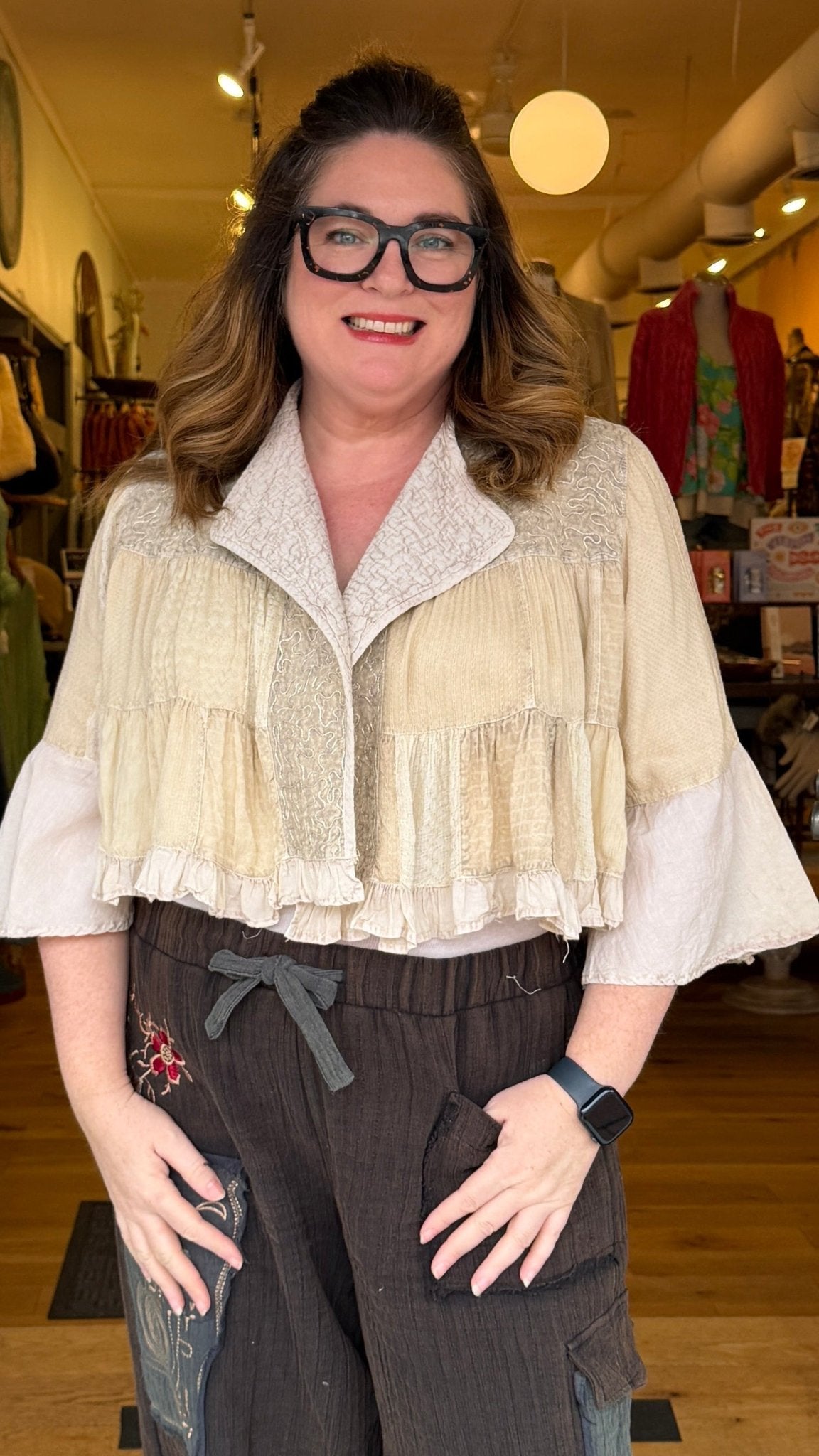Aria Antique Cream Embroidered Bell Sleeve Crop Jacket - Rebecca James Clothing