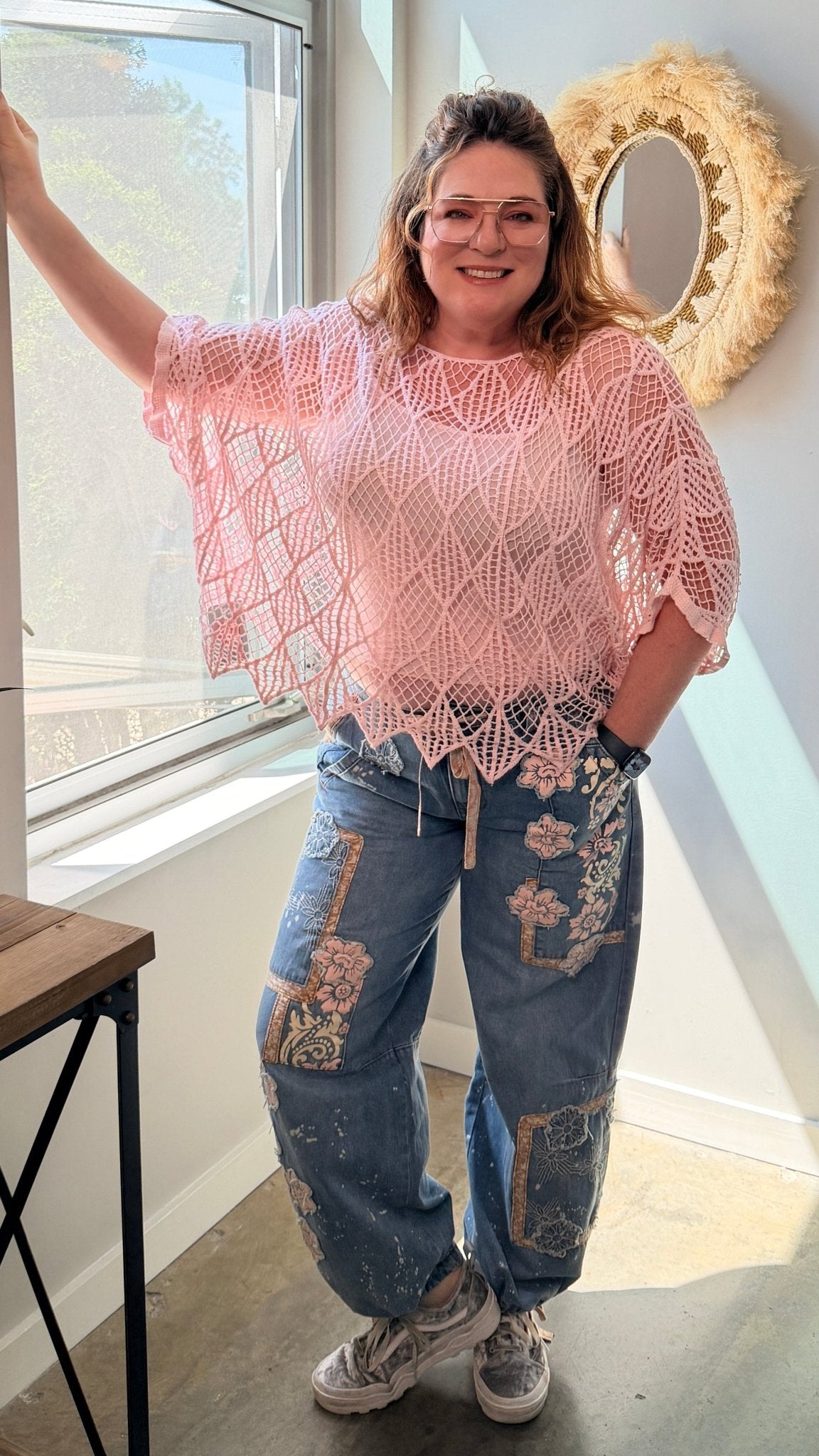 Artisan Bloom: Floral Patchwork Boho Jogger Jeans - Rebecca James Clothing