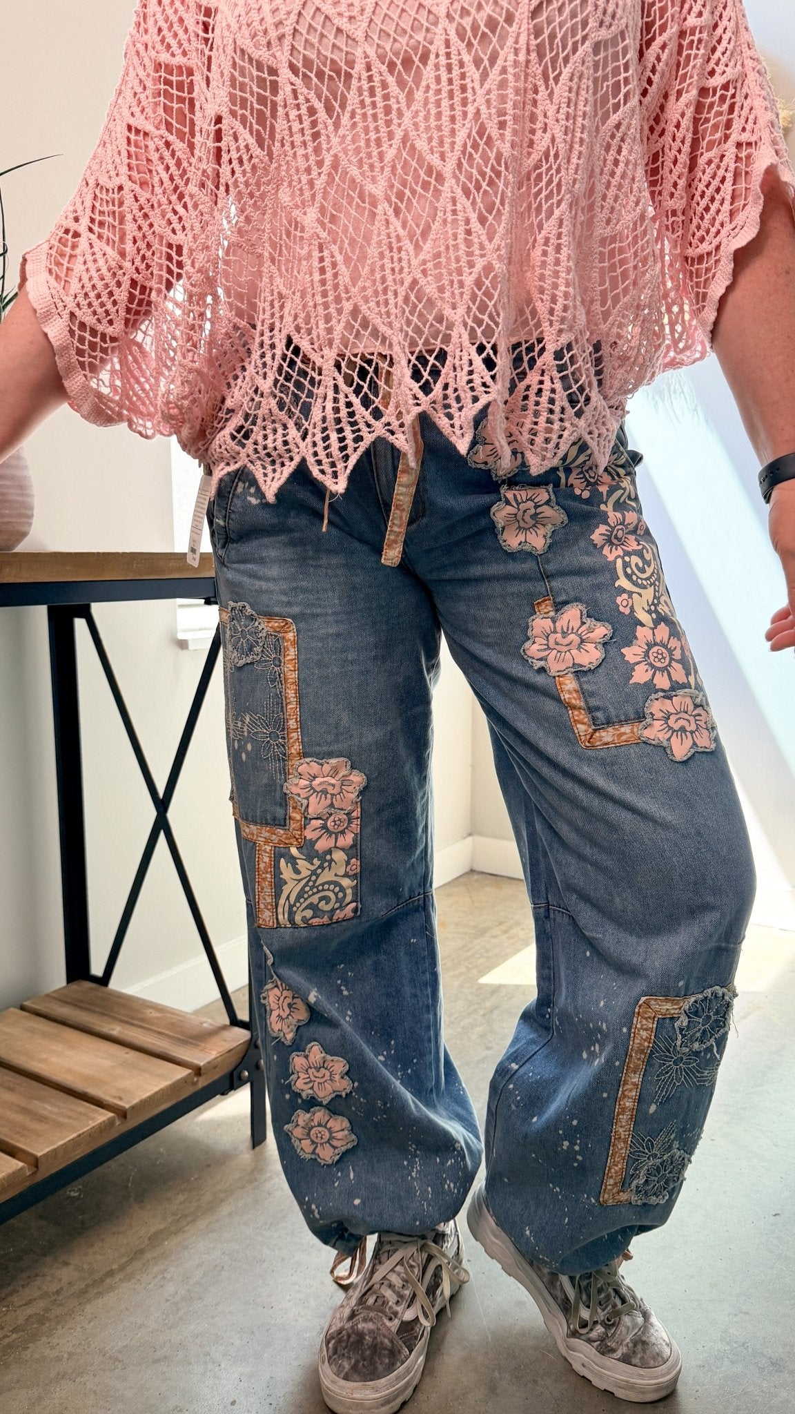 Artisan Bloom: Floral Patchwork Boho Jogger Jeans - Rebecca James Clothing