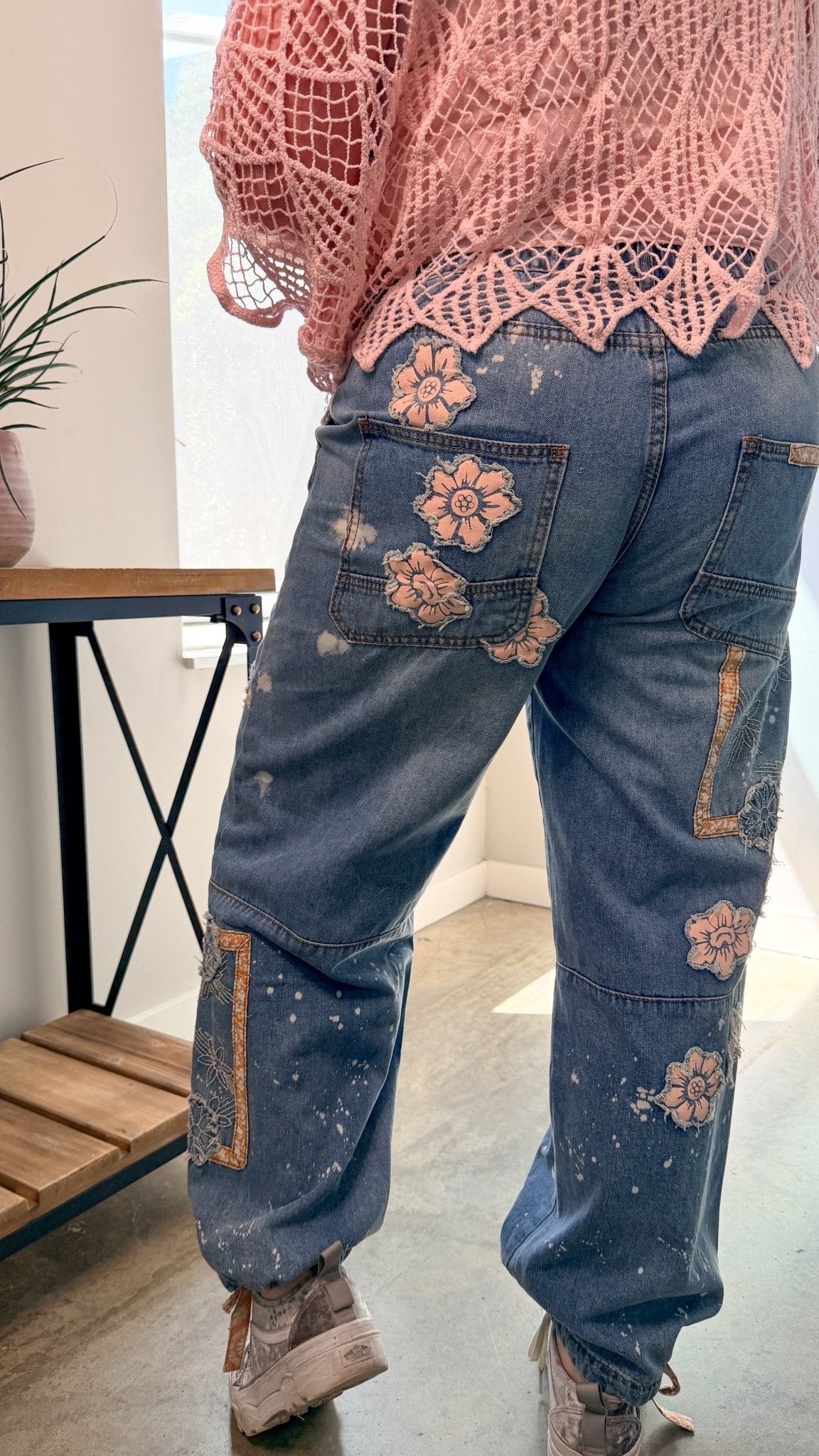 Artisan Bloom: Floral Patchwork Boho Jogger Jeans - Rebecca James Clothing