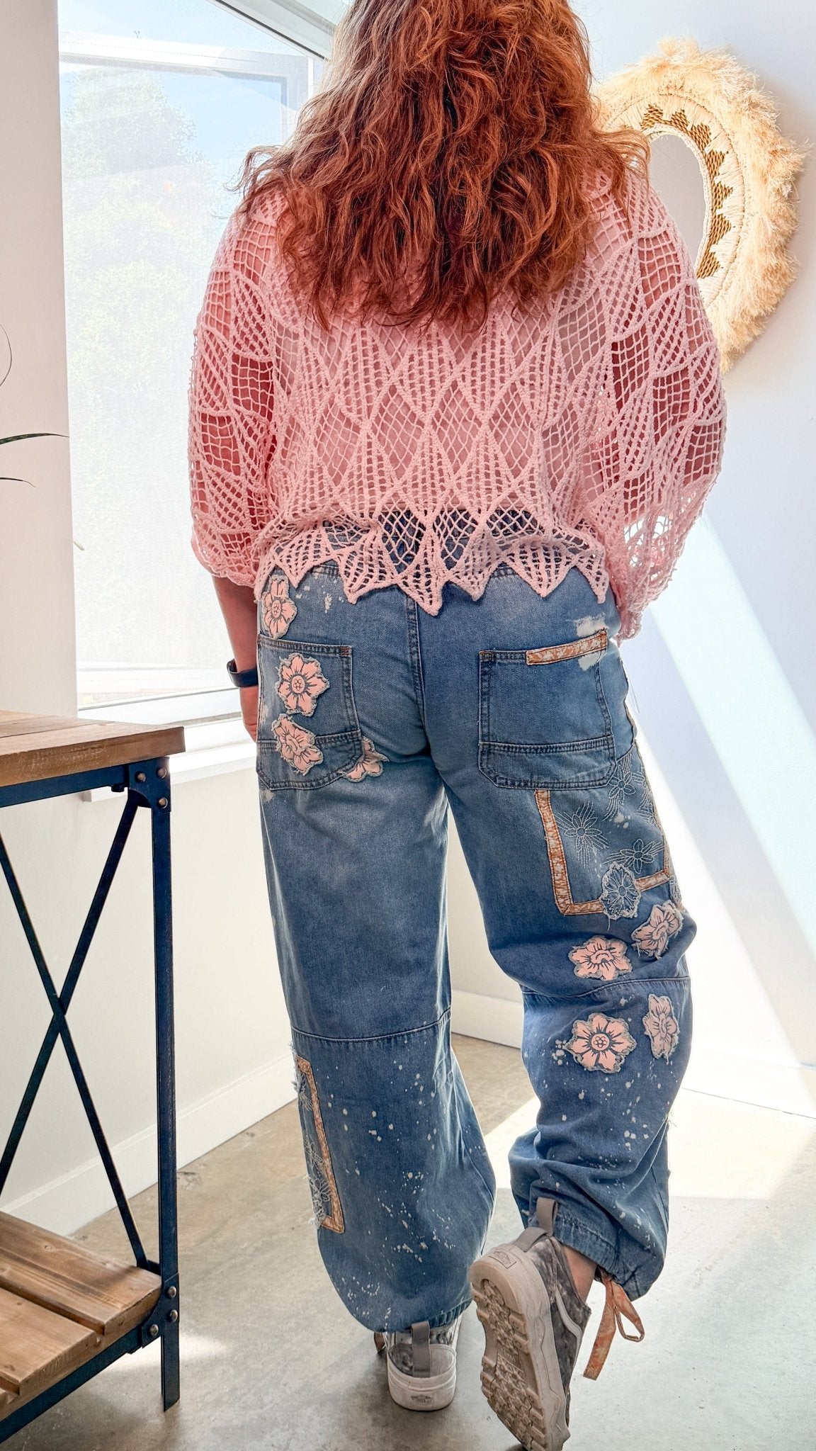 Artisan Bloom: Floral Patchwork Boho Jogger Jeans - Rebecca James Clothing