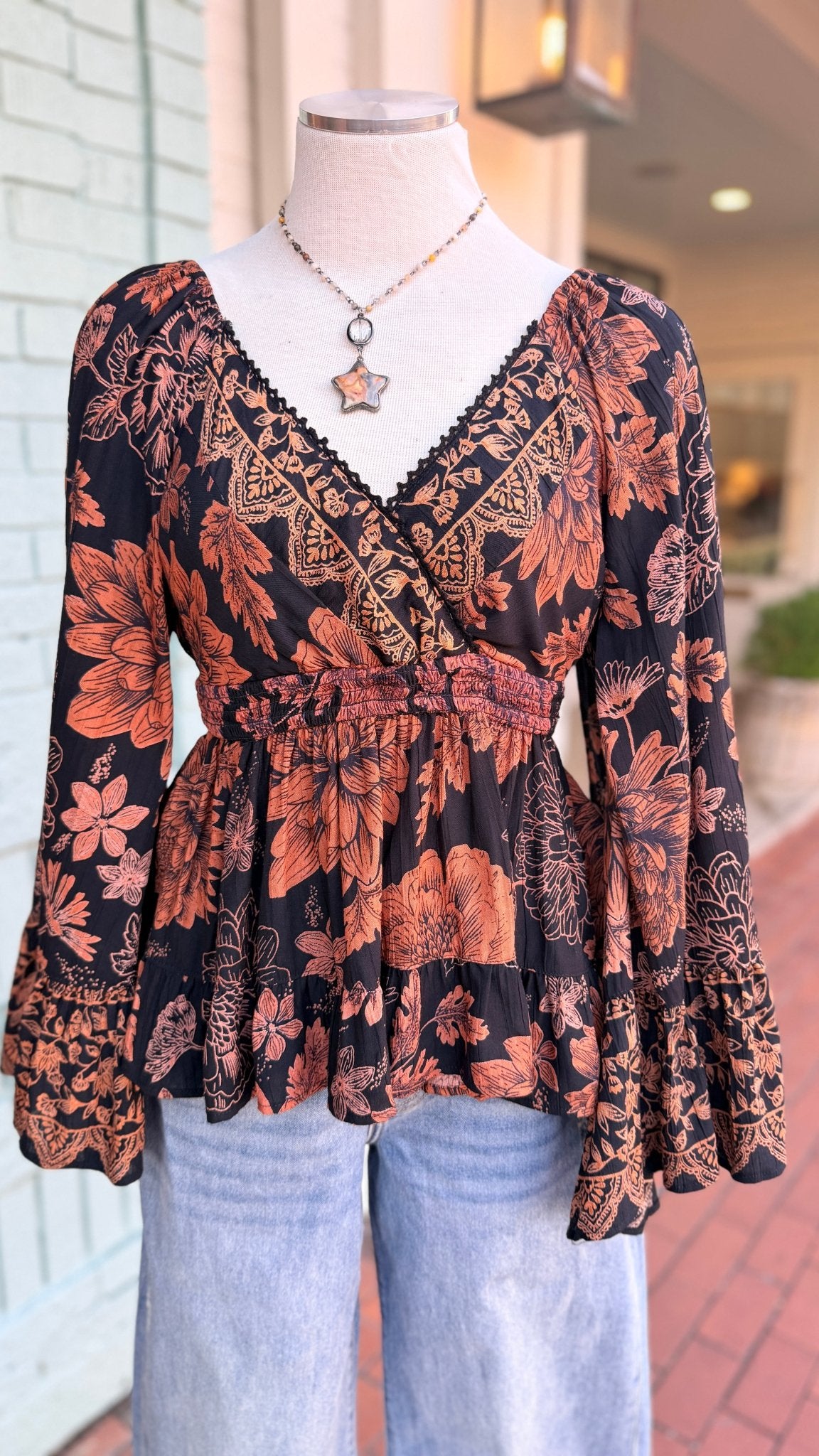 Black Boho V Neck Top w/ Flowy Sleeves - Rebecca James Clothing