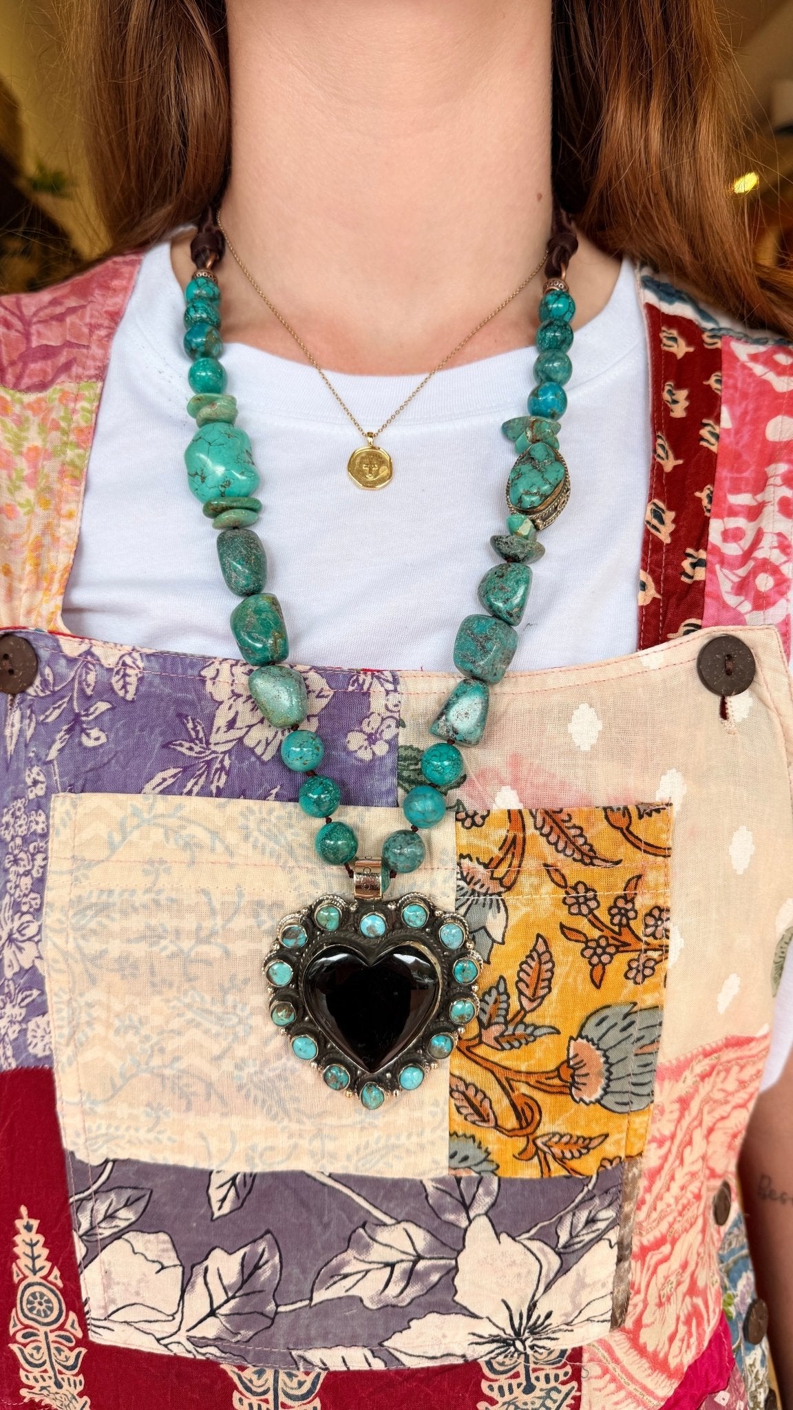 Black Onyx and Turquoise Heart in Tibetan Silver with Chunky Turquosie Beaded Necklace - Rebecca James Clothing