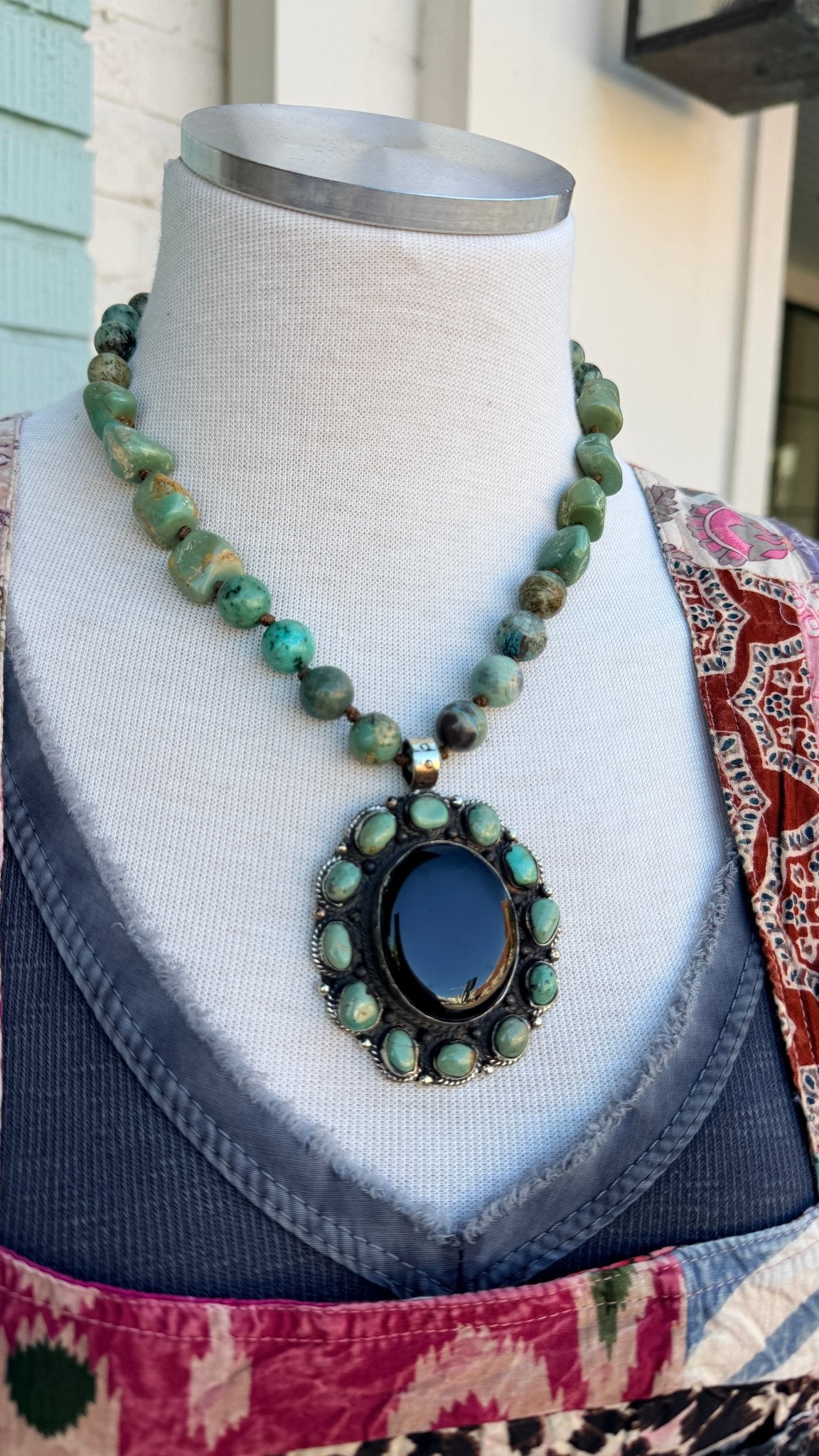Black Onyx with African Turquoise Set on Hand Beaded Necklace - Rebecca James Clothing