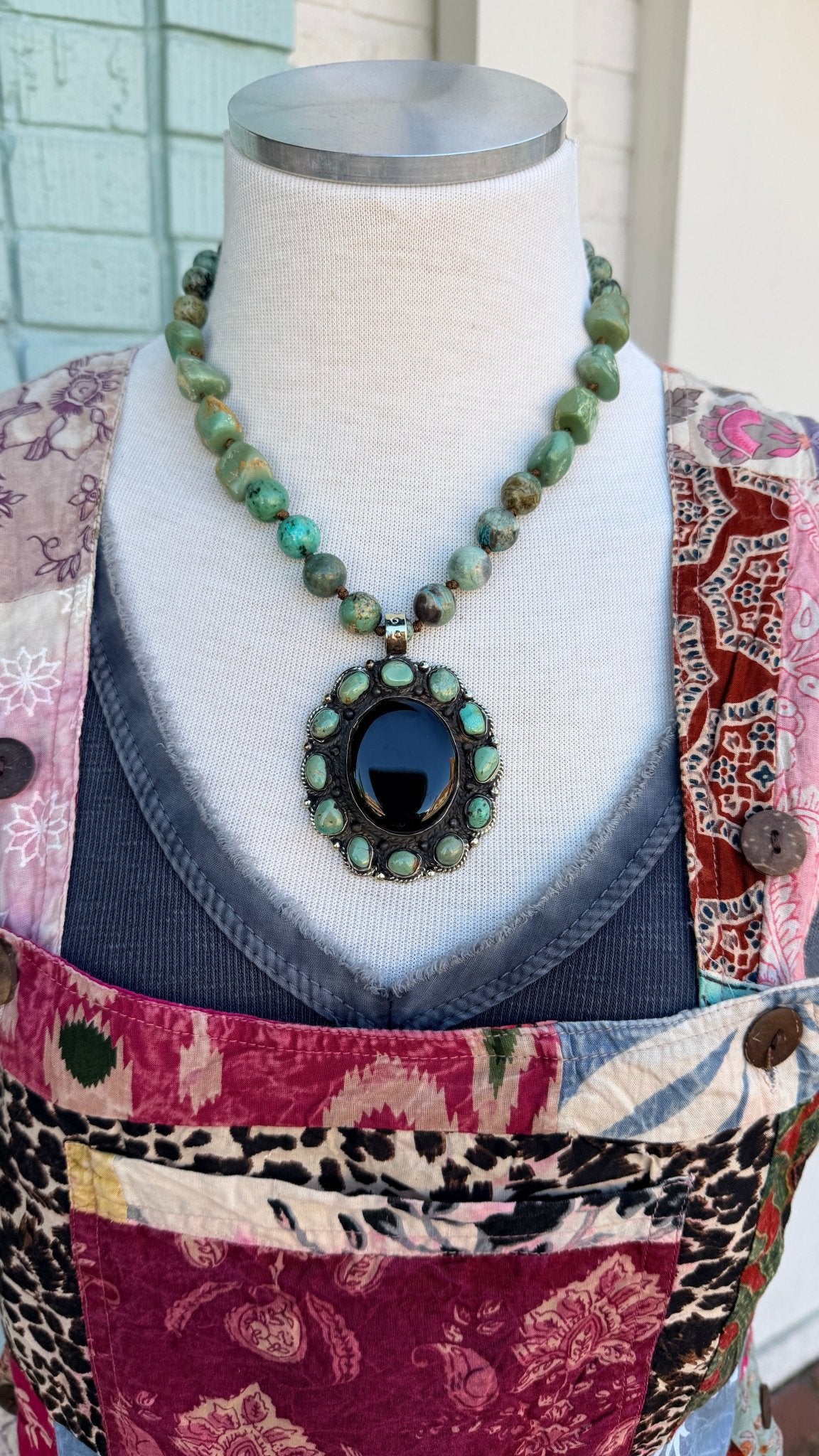 Black Onyx with African Turquoise Set on Hand Beaded Necklace - Rebecca James Clothing