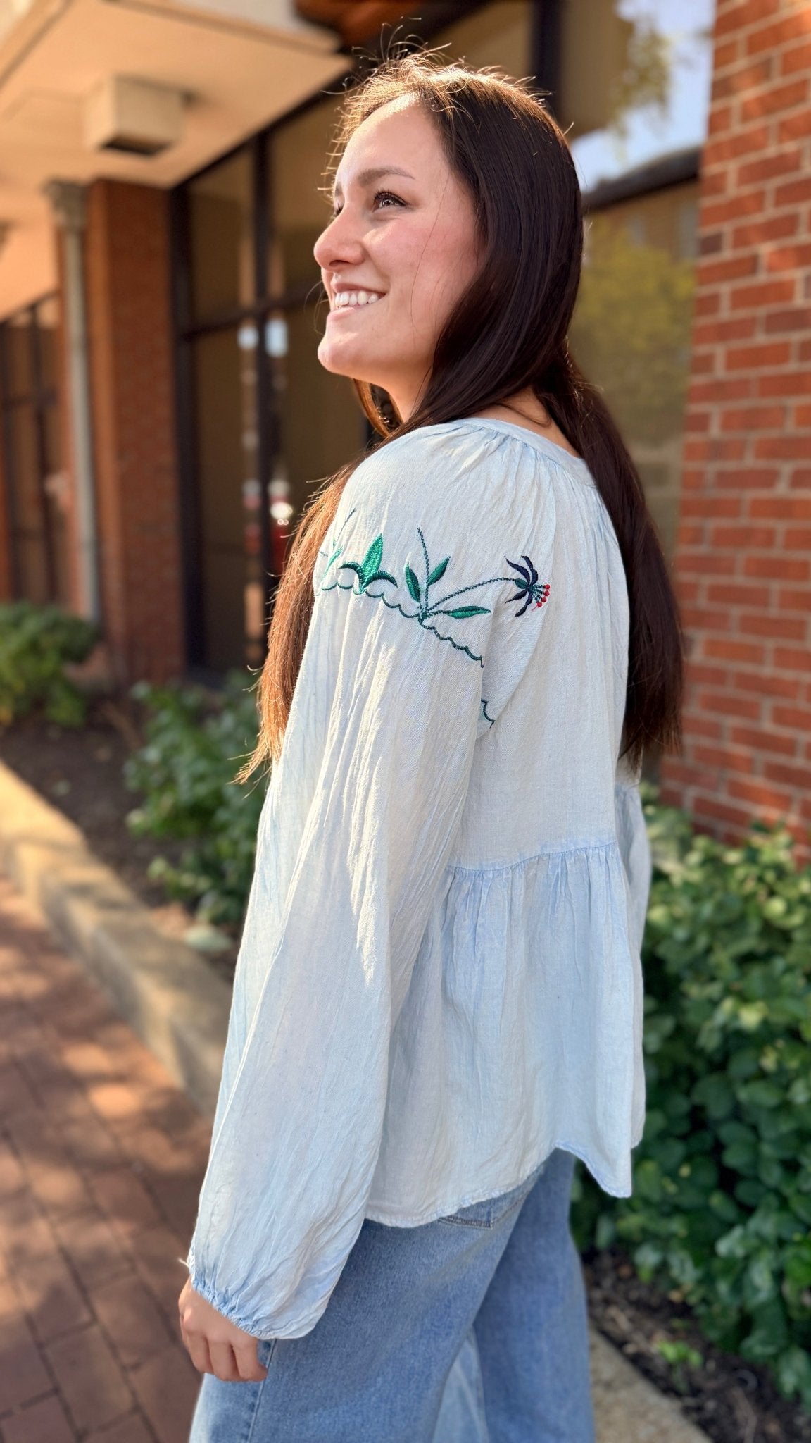 Blue Boho Peasant Top with Colorful Embroidery - Rebecca James Clothing