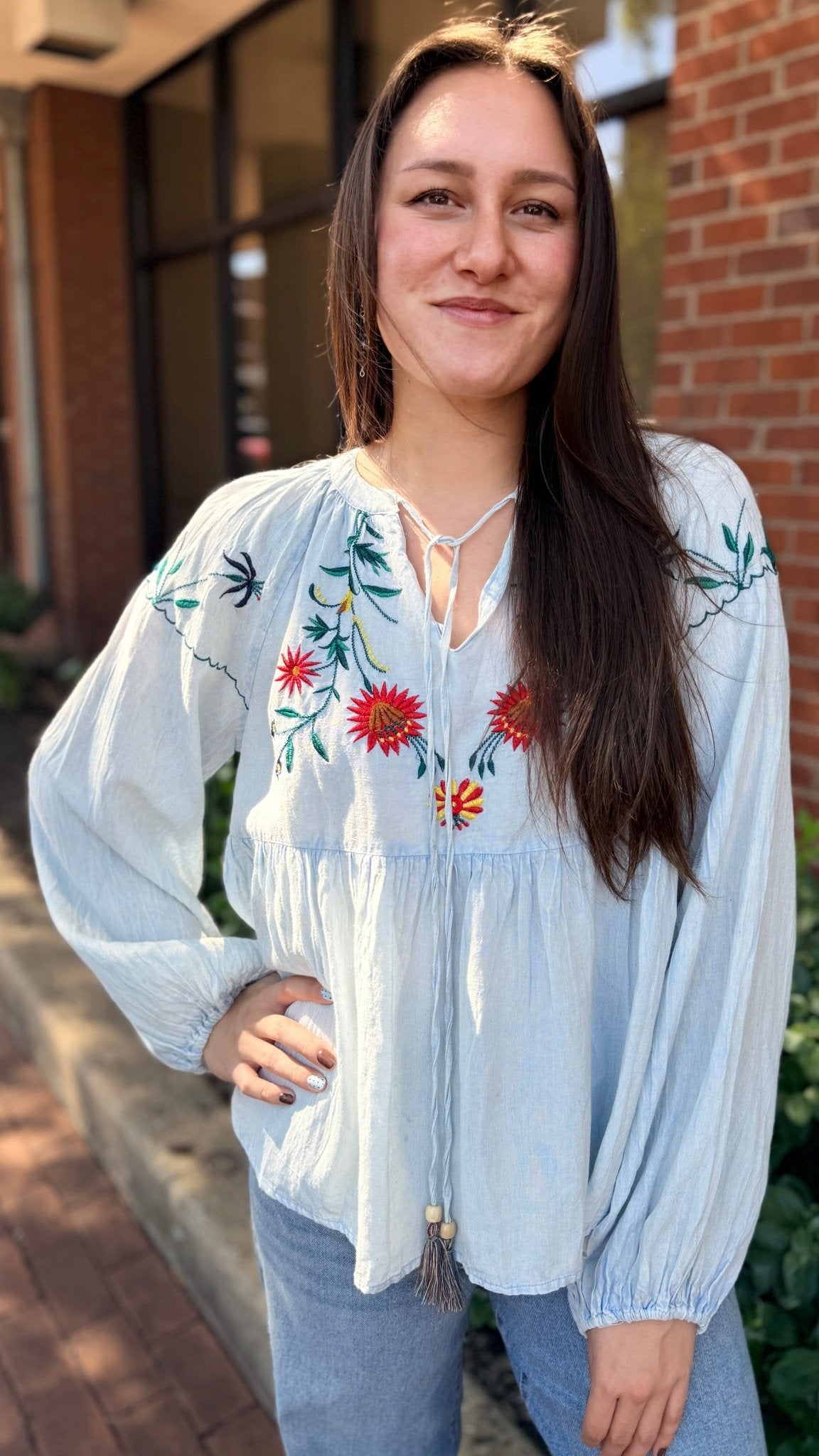 Blue Boho Peasant Top with Colorful Embroidery - Rebecca James Clothing