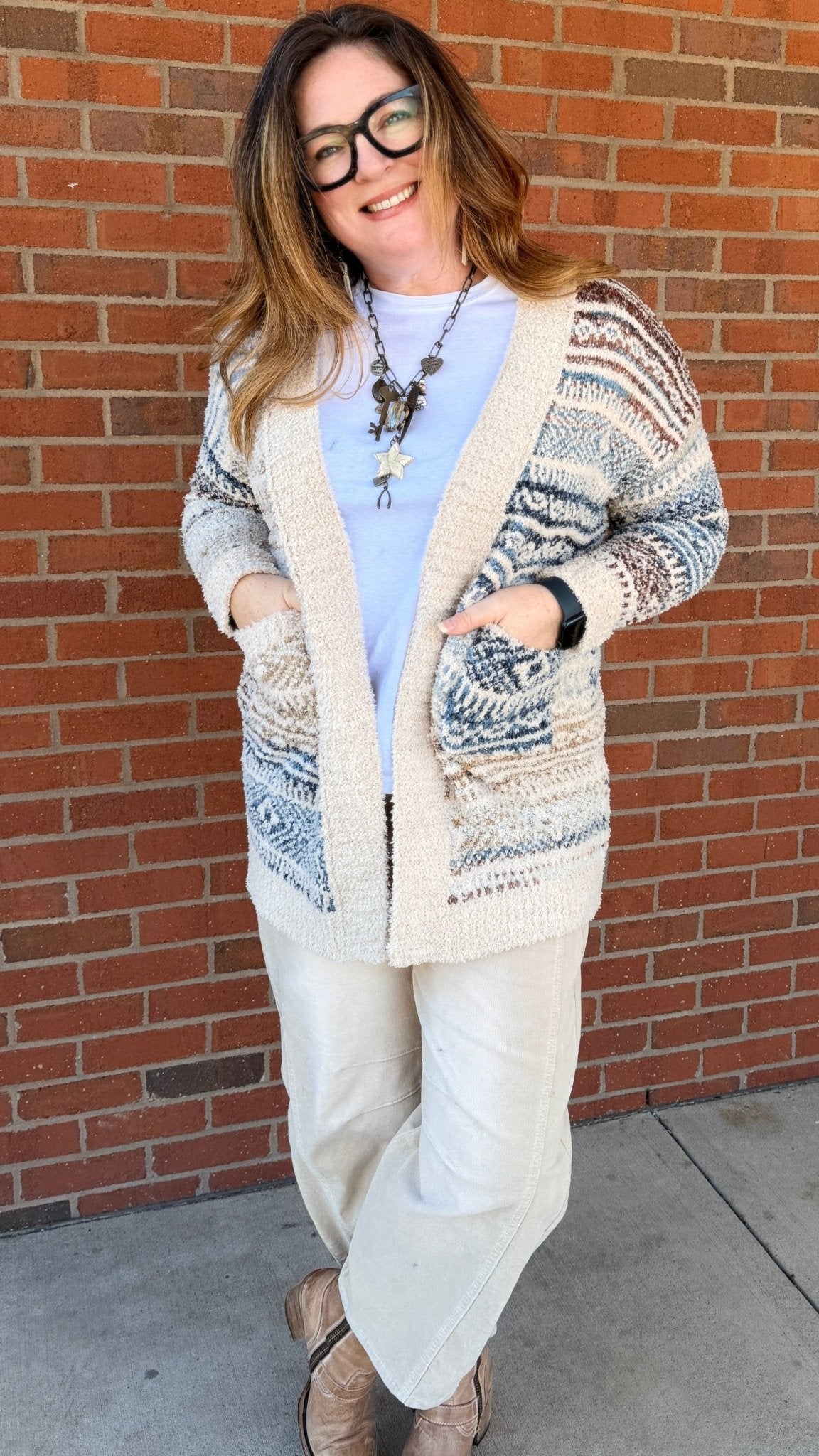 Blue & Brown Faire Isle Cardigan - Rebecca James Clothing
