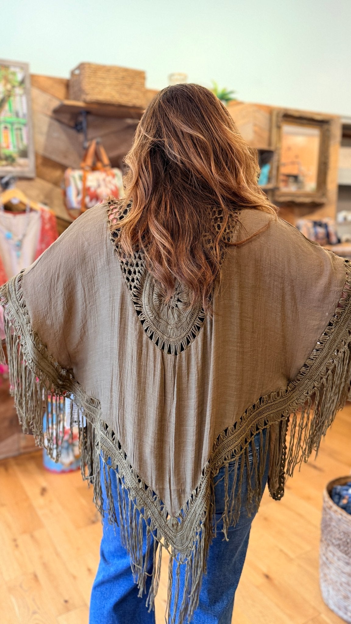 Bohemian Fringe Kimono with Crochet Medallion - Rebecca James Clothing
