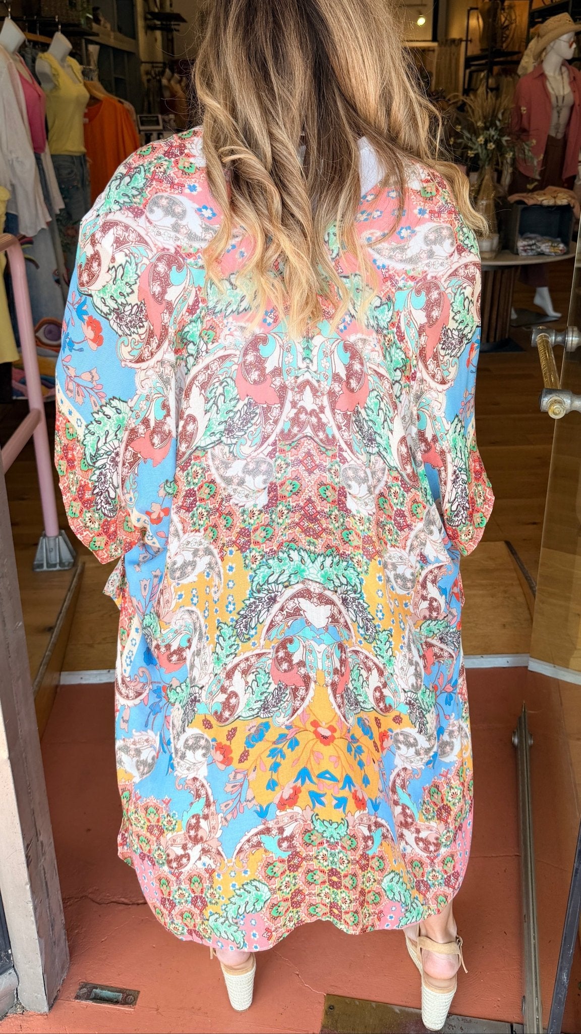 Boho Botanical Multi Colored Mosaic Kimono Wrap - Lightweight Summer Beach Cover - Up - Rebecca James Clothing