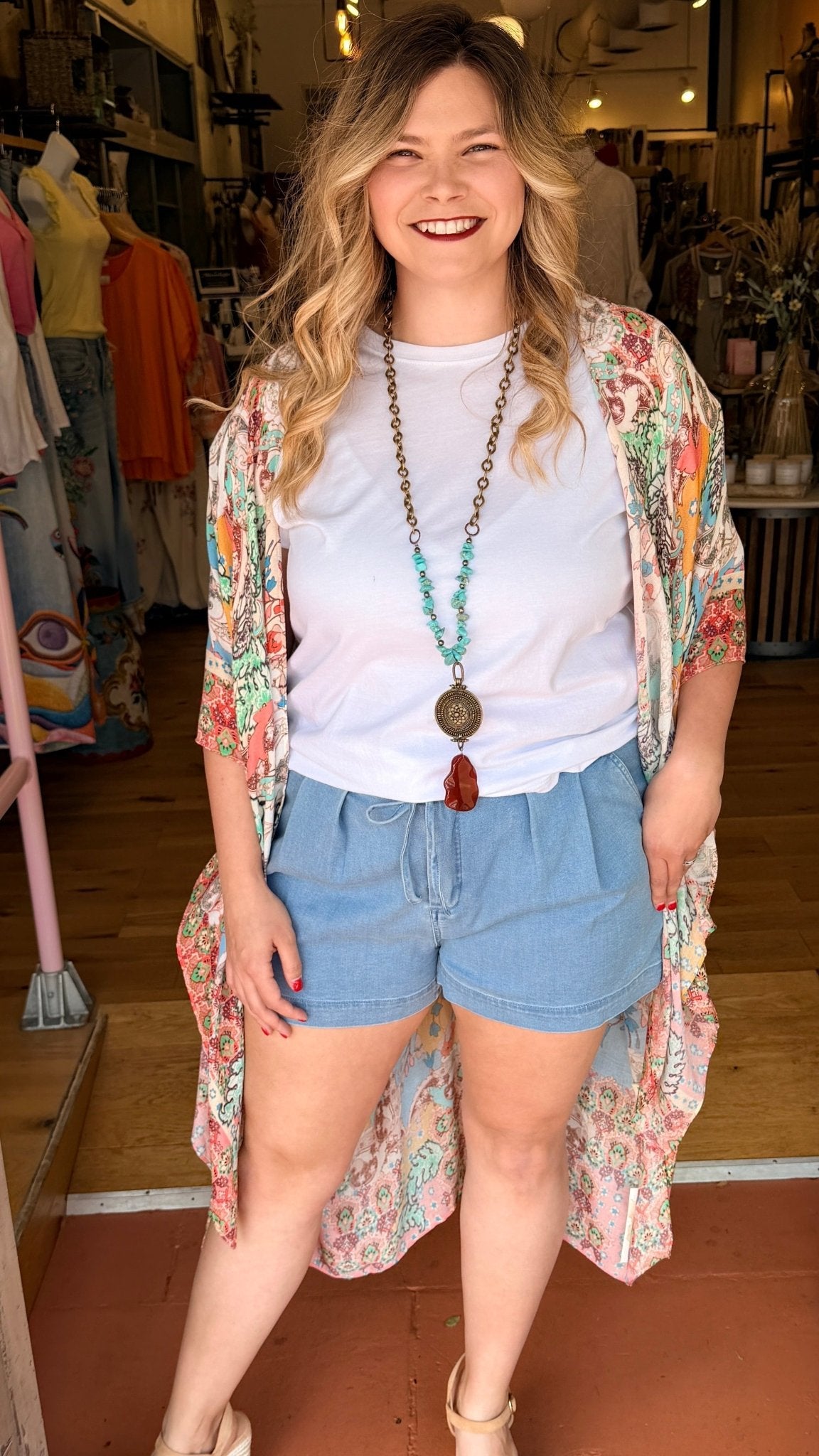 Boho Botanical Multi Colored Mosaic Kimono Wrap - Lightweight Summer Beach Cover - Up - Rebecca James Clothing