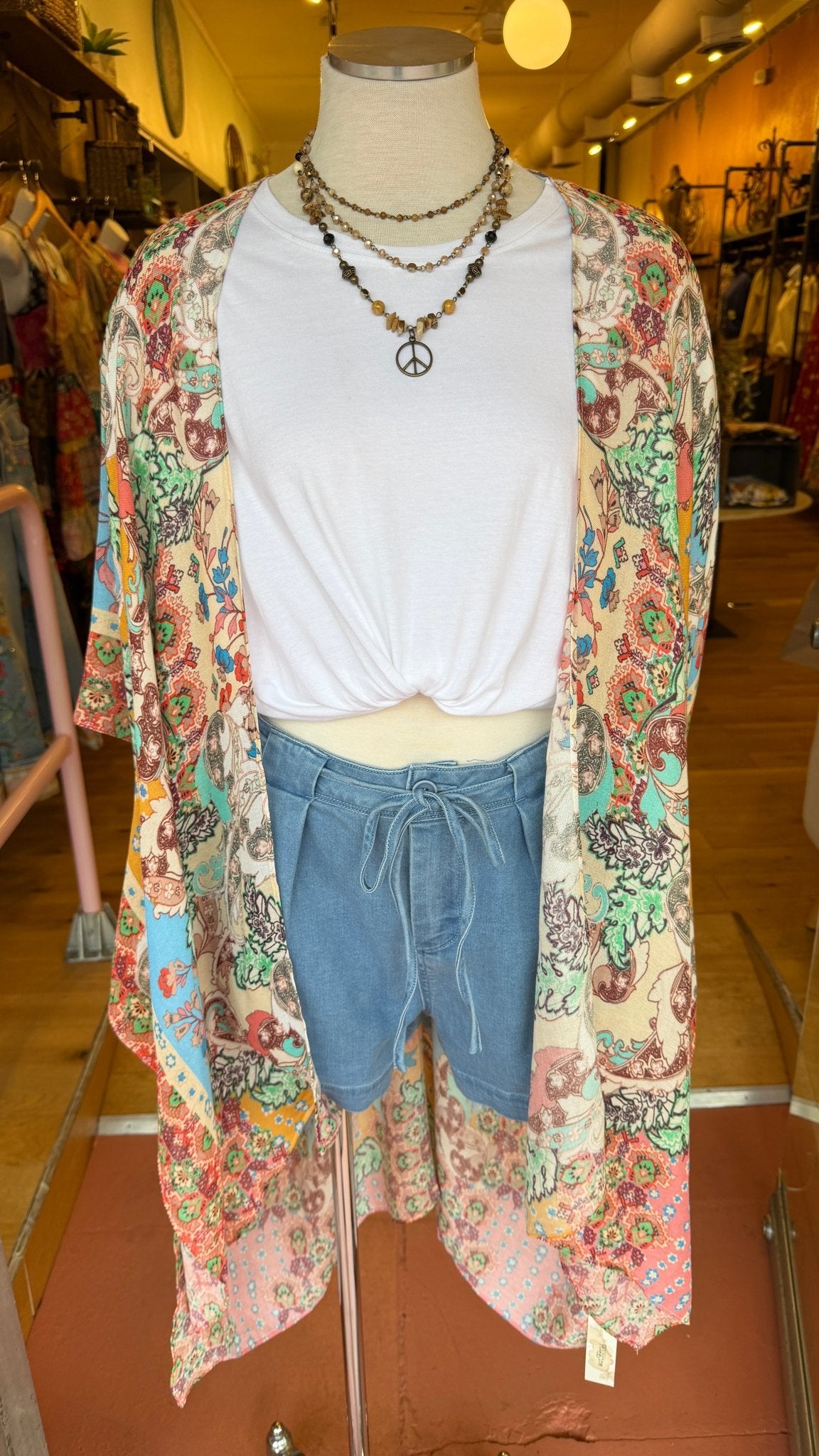 Boho Botanical Multi Colored Mosaic Kimono Wrap - Lightweight Summer Beach Cover - Up - Rebecca James Clothing