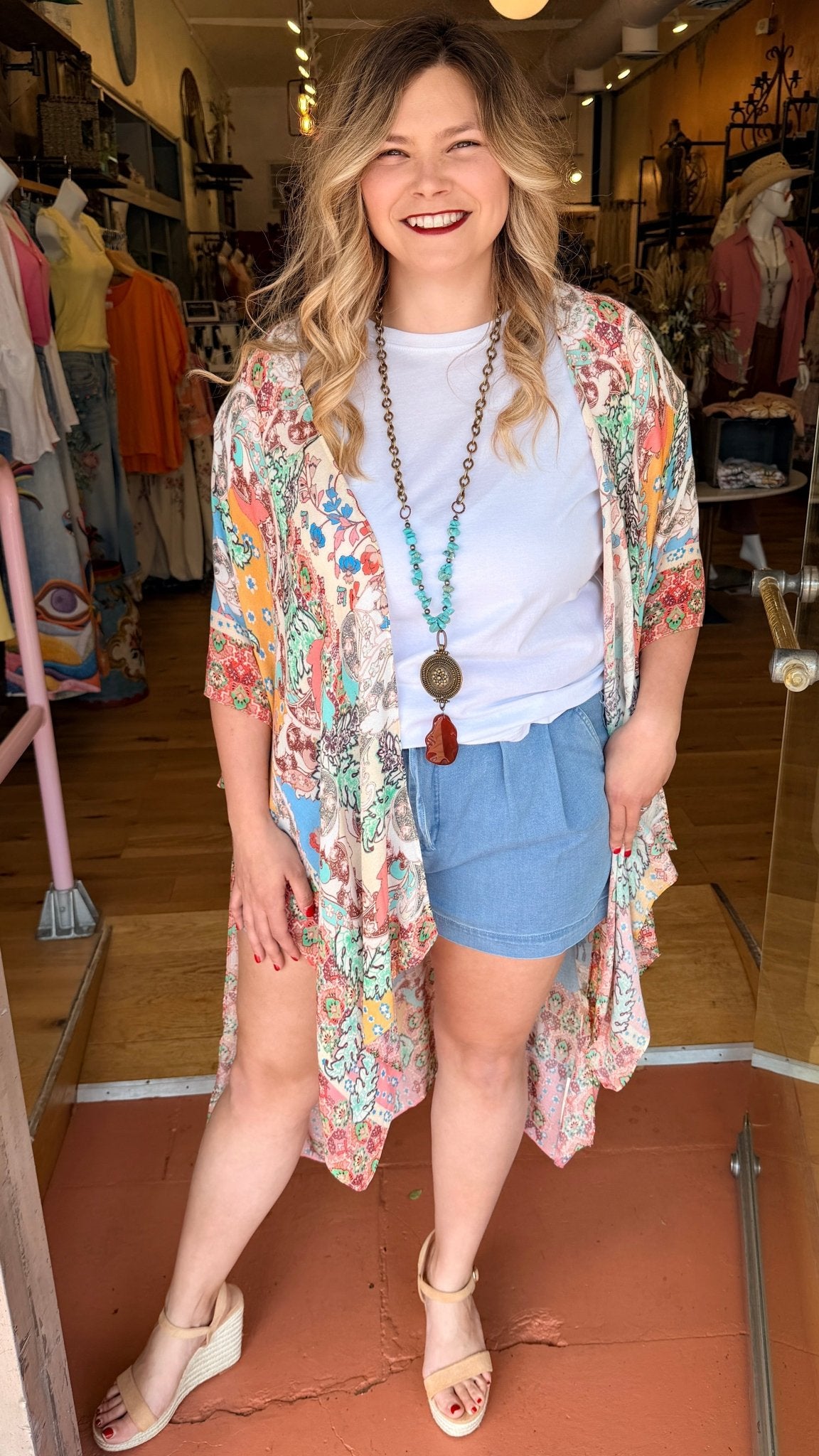 Boho Botanical Multi Colored Mosaic Kimono Wrap - Lightweight Summer Beach Cover - Up - Rebecca James Clothing