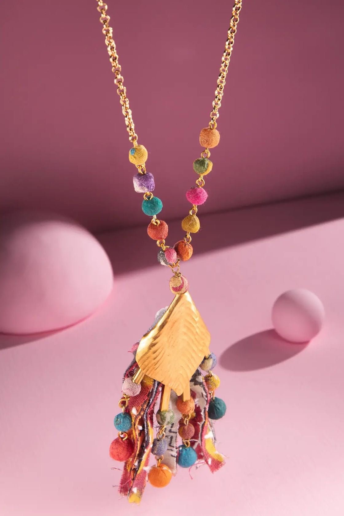 Boho Gold Shield Necklace with Handmade Cotton Beads - Rebecca James Clothing