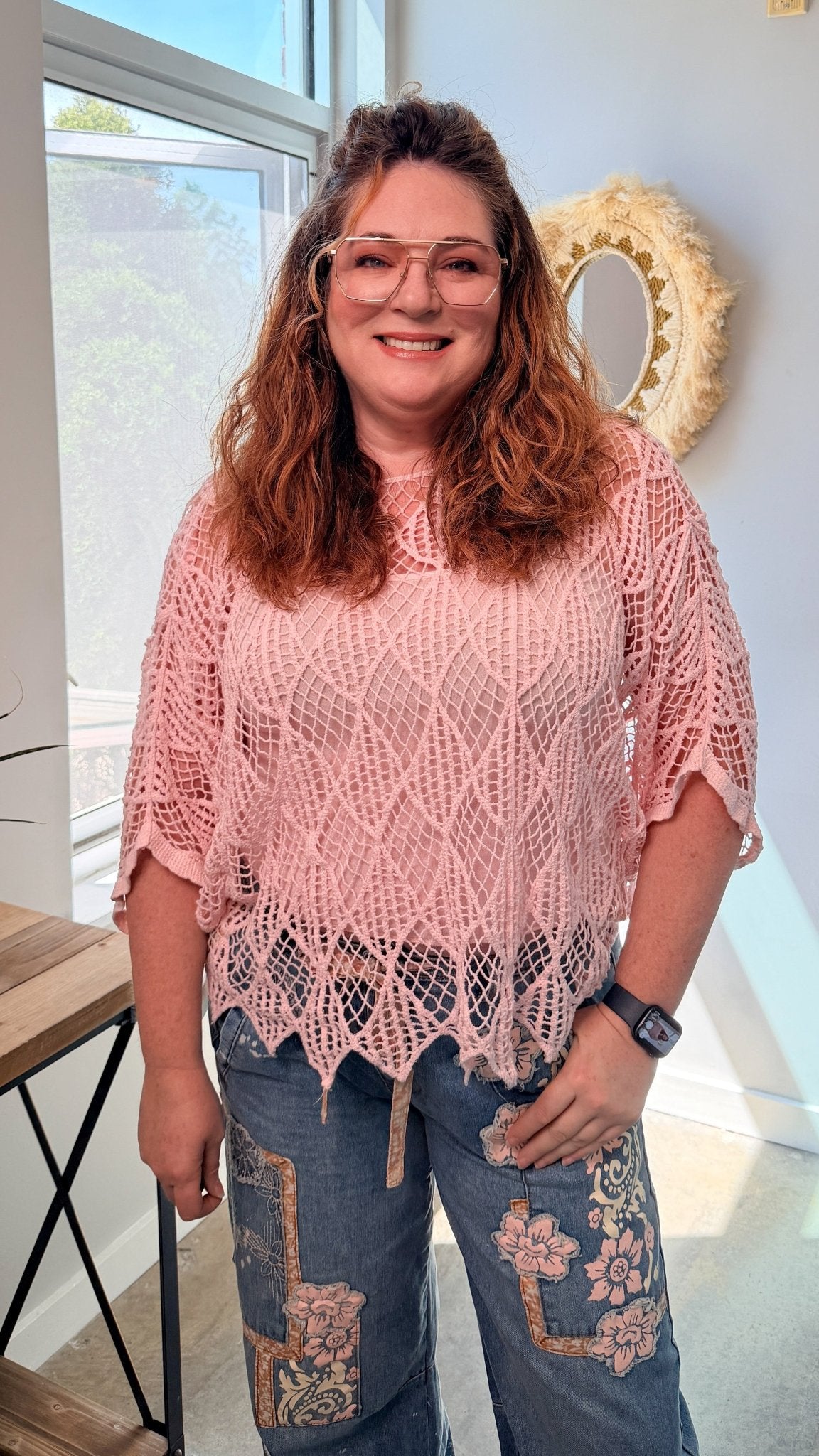 Boho Pink Crochet Knit Sweater & Tank Set - Oversized Summer Open Weave Top - Rebecca James Clothing