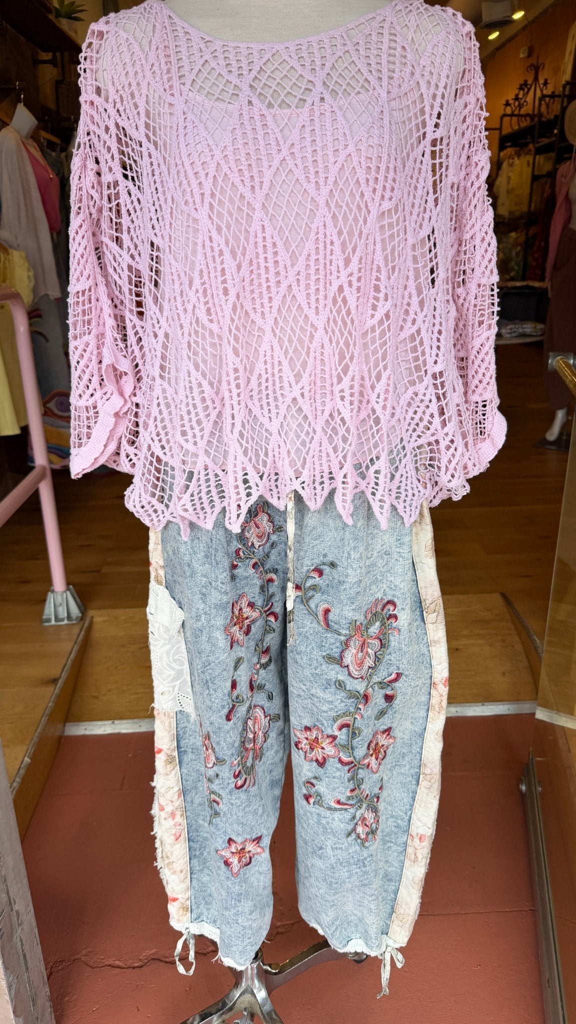 Boho Pink Crochet Knit Sweater & Tank Set - Oversized Summer Open Weave Top - Rebecca James Clothing