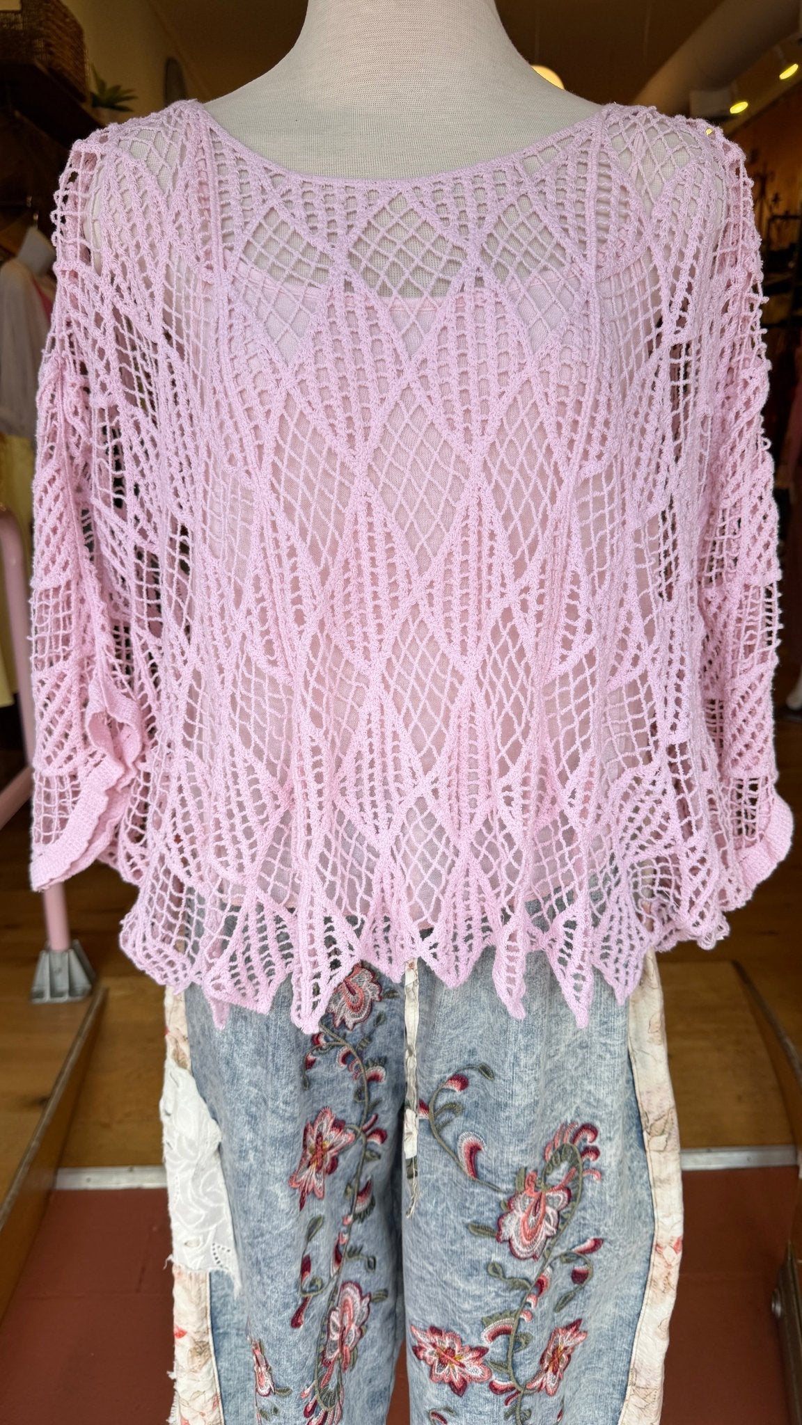 Boho Pink Crochet Knit Sweater & Tank Set - Oversized Summer Open Weave Top - Rebecca James Clothing