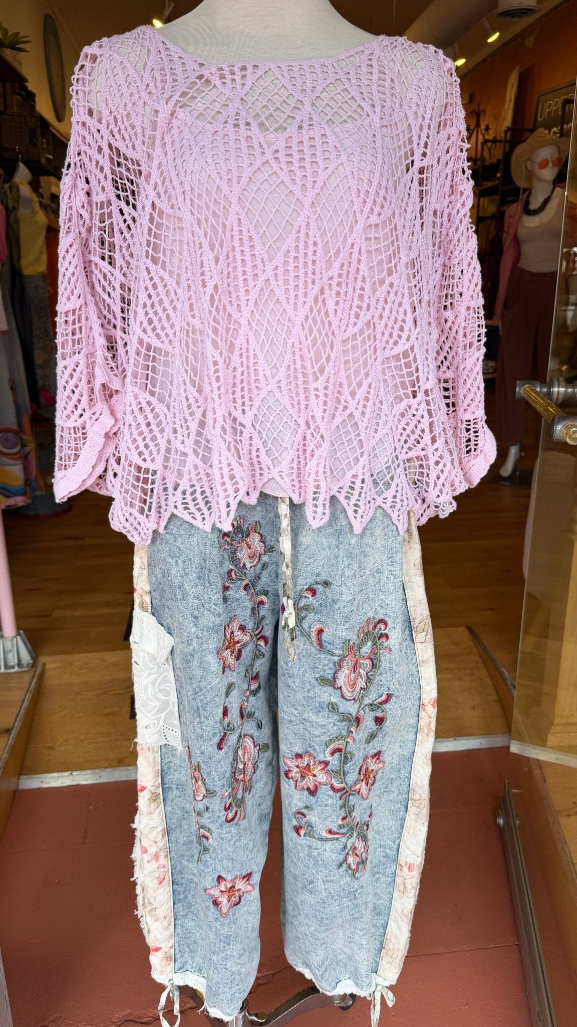 Boho Pink Crochet Knit Sweater & Tank Set - Oversized Summer Open Weave Top - Rebecca James Clothing
