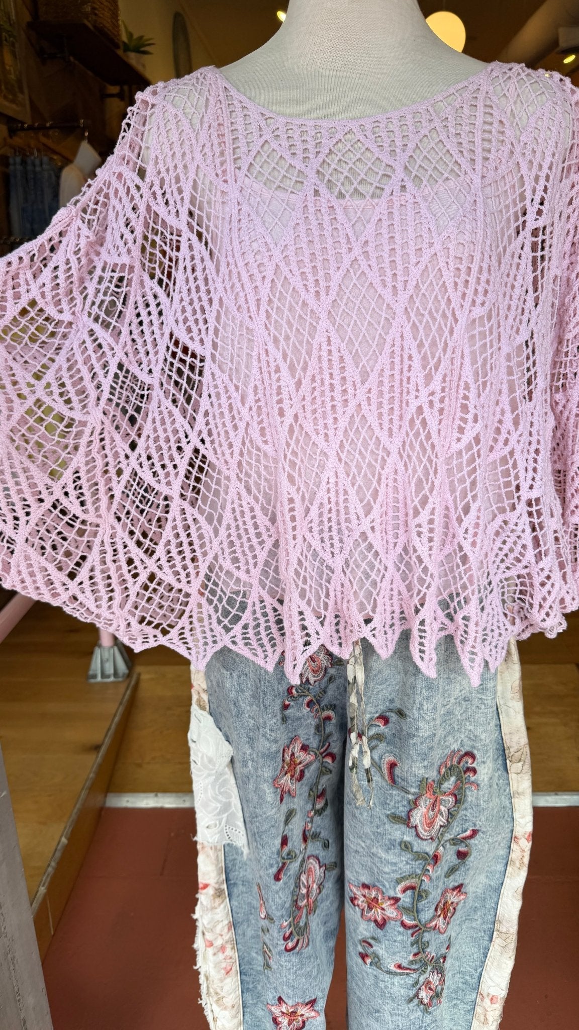 Boho Pink Crochet Knit Sweater & Tank Set - Oversized Summer Open Weave Top - Rebecca James Clothing