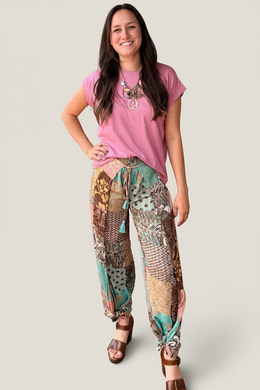 Brown Boho Mixed Print Faux Wrap Pants - Rebecca James Clothing