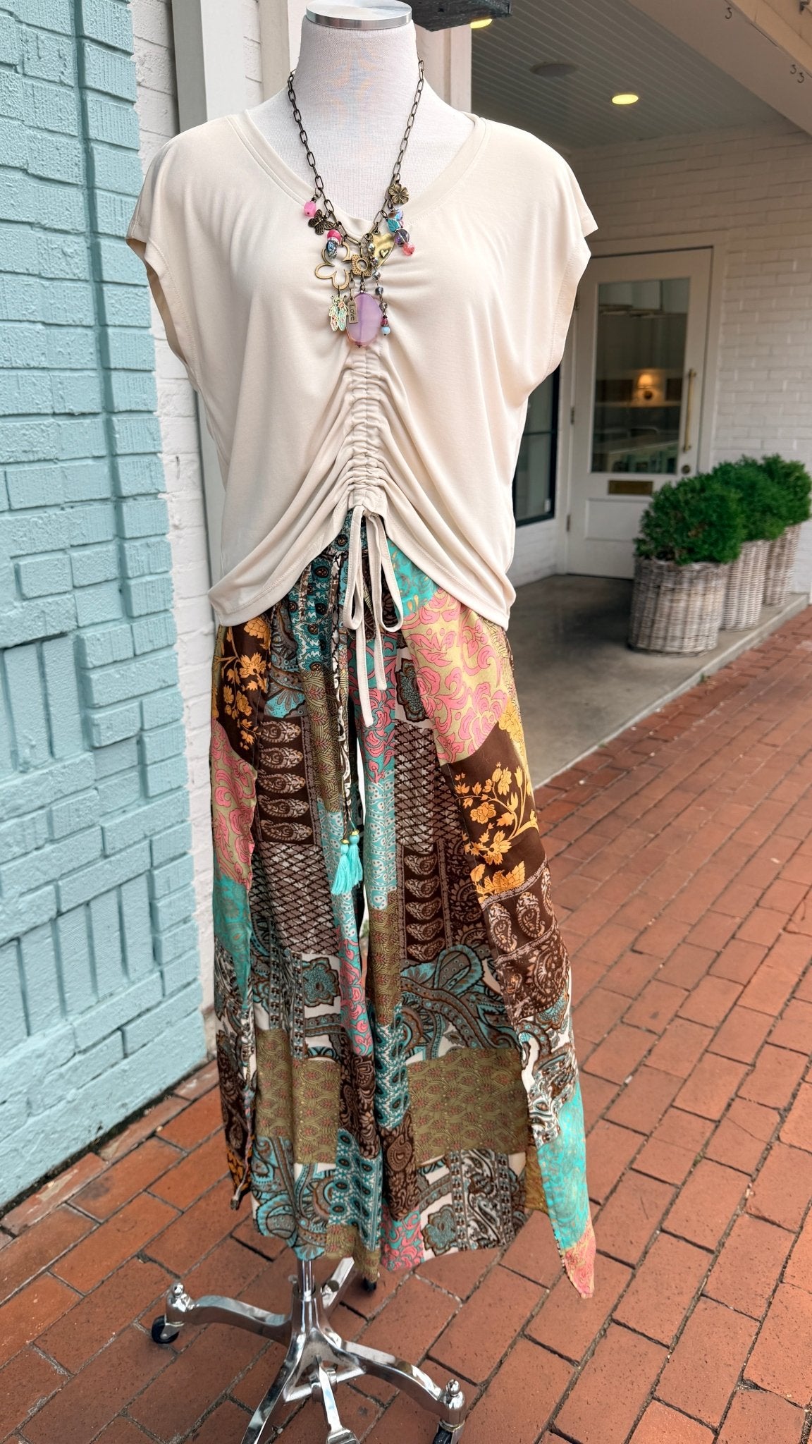 Brown Boho Mixed Print Faux Wrap Pants - Rebecca James Clothing