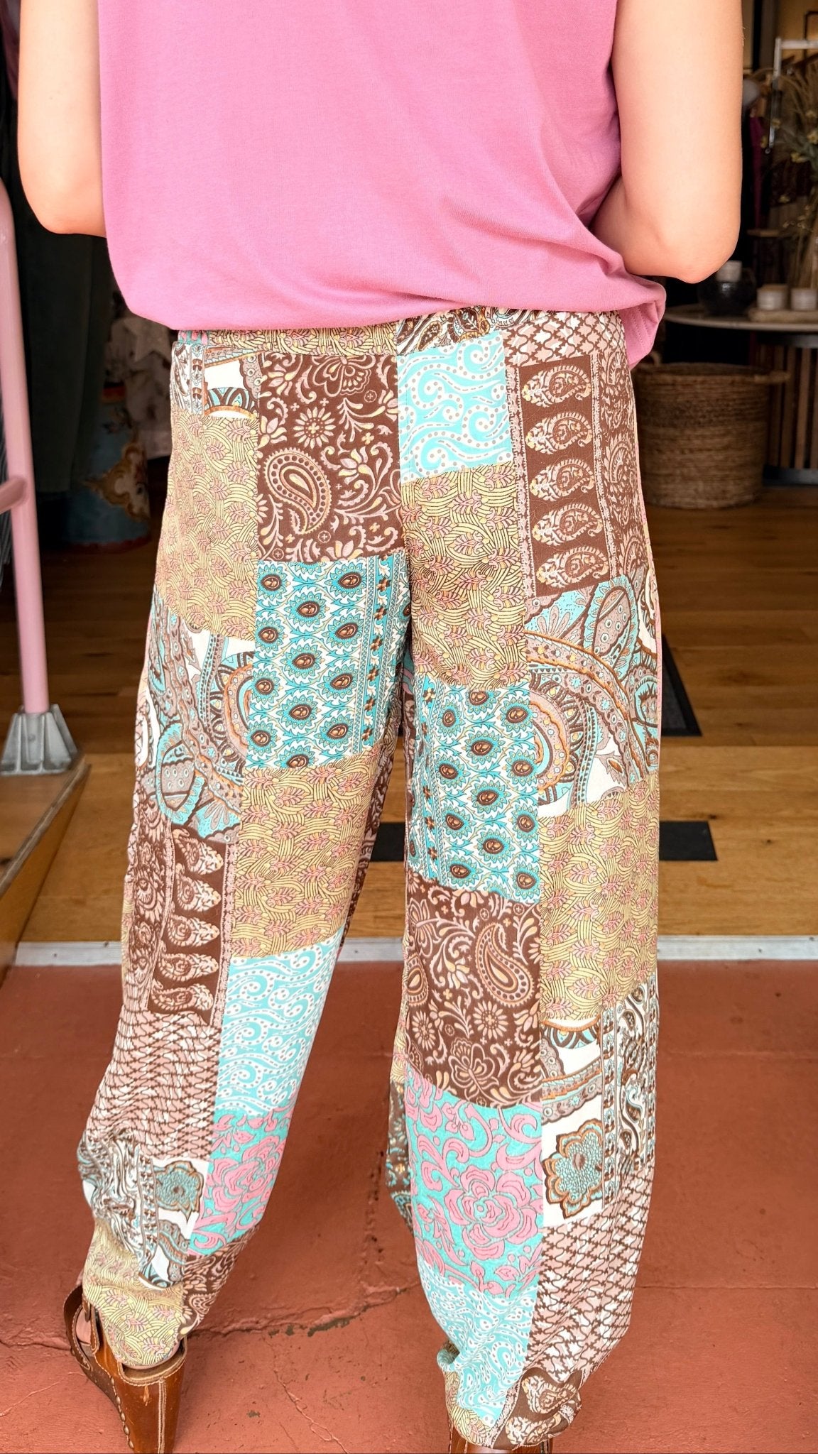 Brown Boho Mixed Print Faux Wrap Pants - Rebecca James Clothing