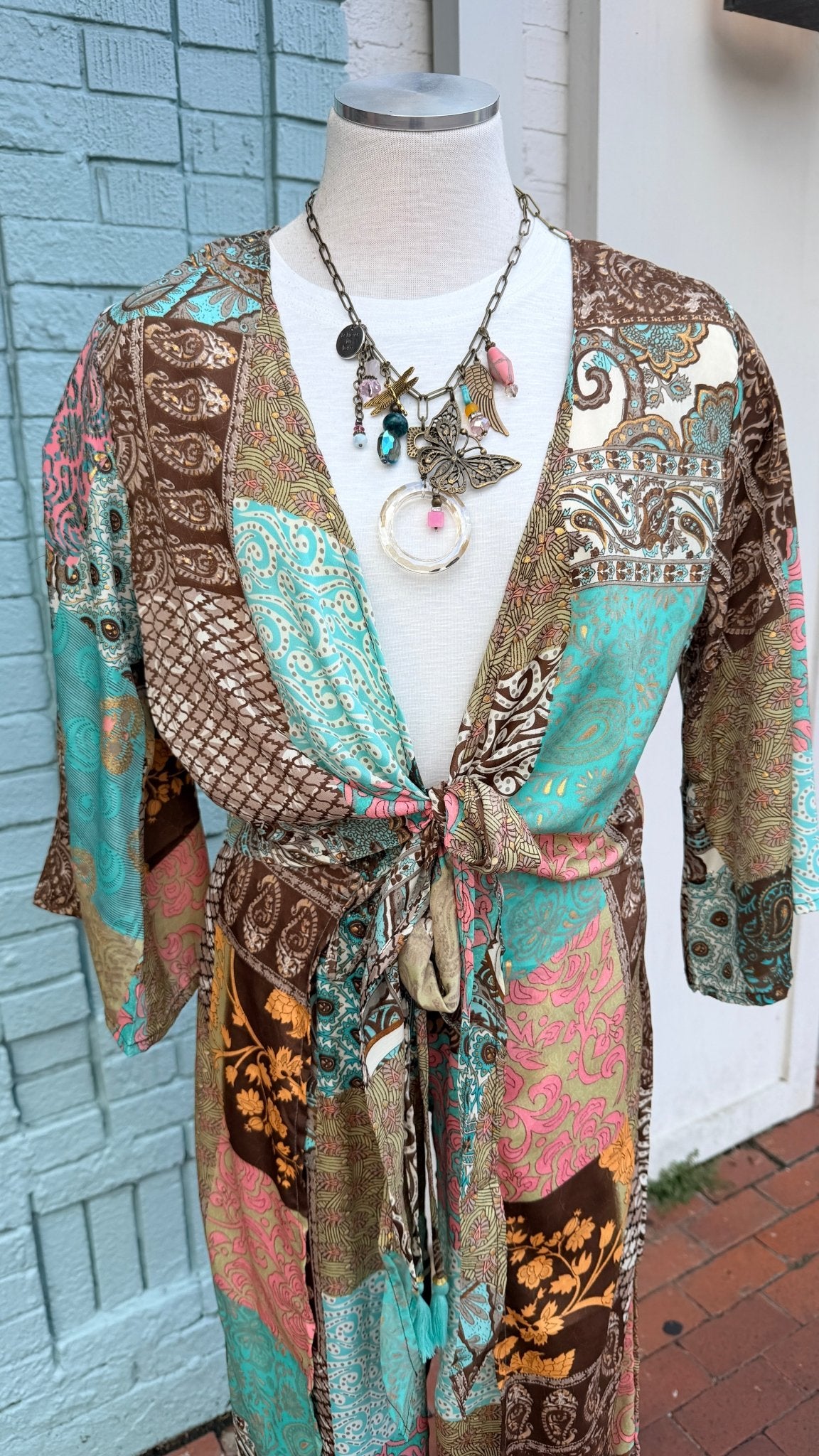 Brown Boho Mixed Print Tie Front Top - Rebecca James Clothing