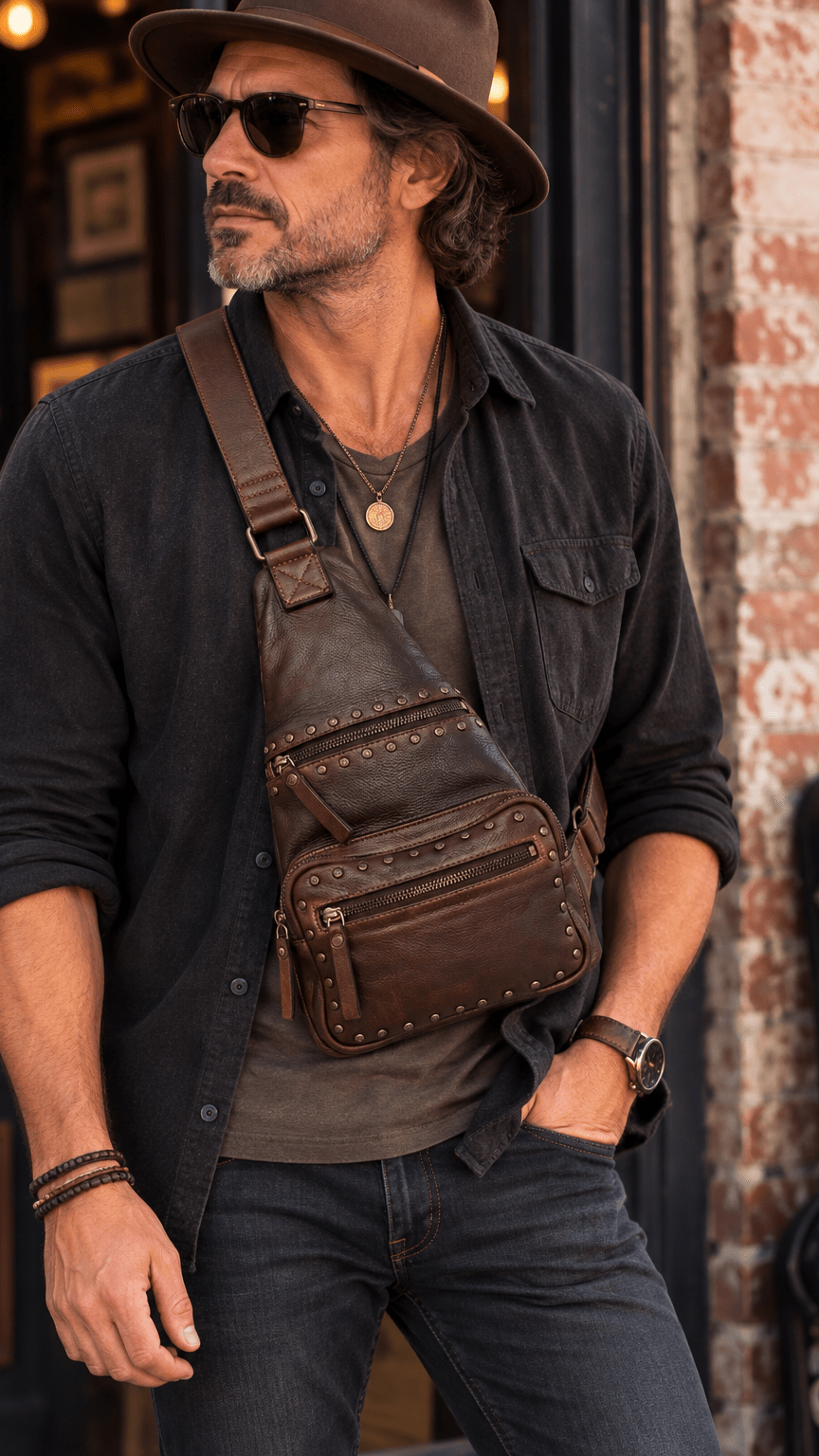 Brown Italian Leather Studded Sling Bag - Rebecca James Clothing