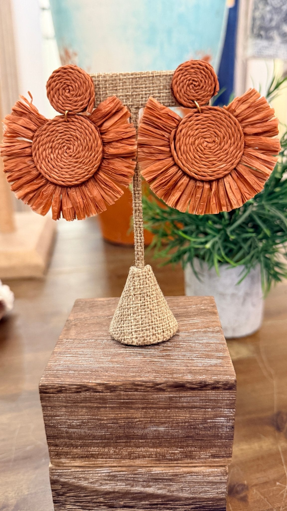 Brown Raffia Fan Earrings - Rebecca James Clothing