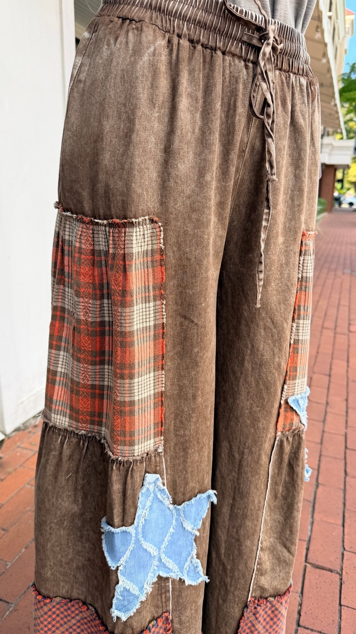 Brown Wide Leg Plaid Star Pants - Rebecca James Clothing