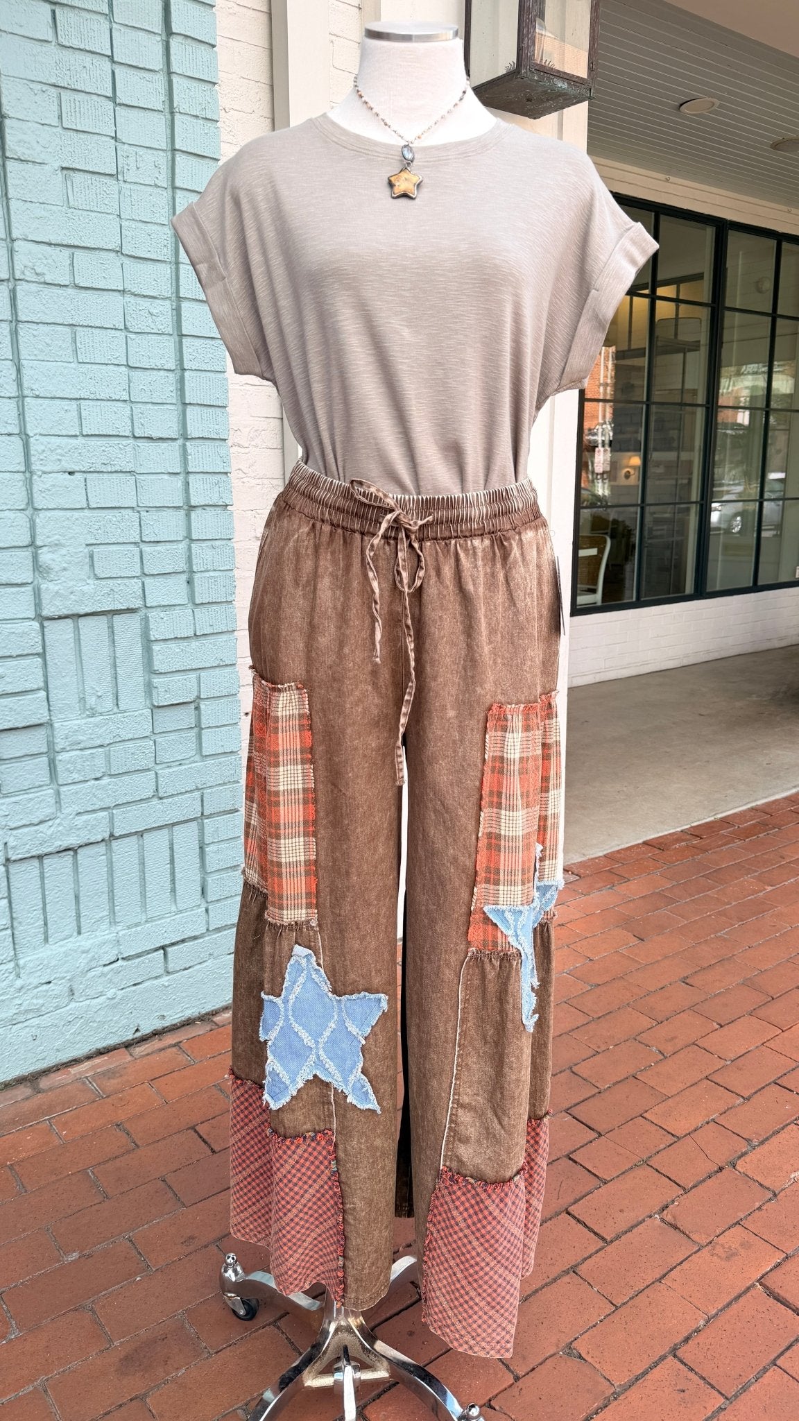 Brown Wide Leg Plaid Star Pants - Rebecca James Clothing
