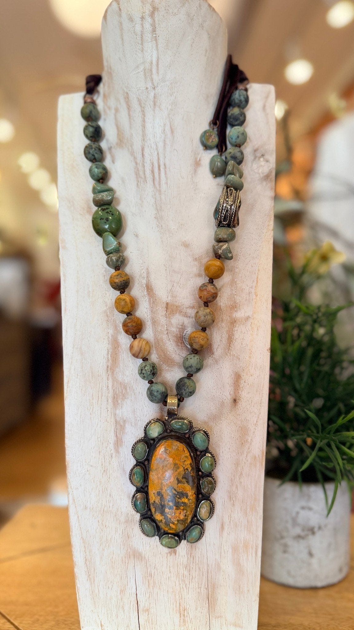 Bumble Bee Jasper with African Turquoise on Hand Beaded Necklace - Rebecca James Clothing