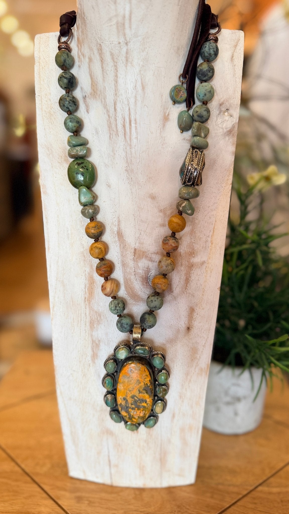 Bumble Bee Jasper with African Turquoise on Hand Beaded Necklace - Rebecca James Clothing