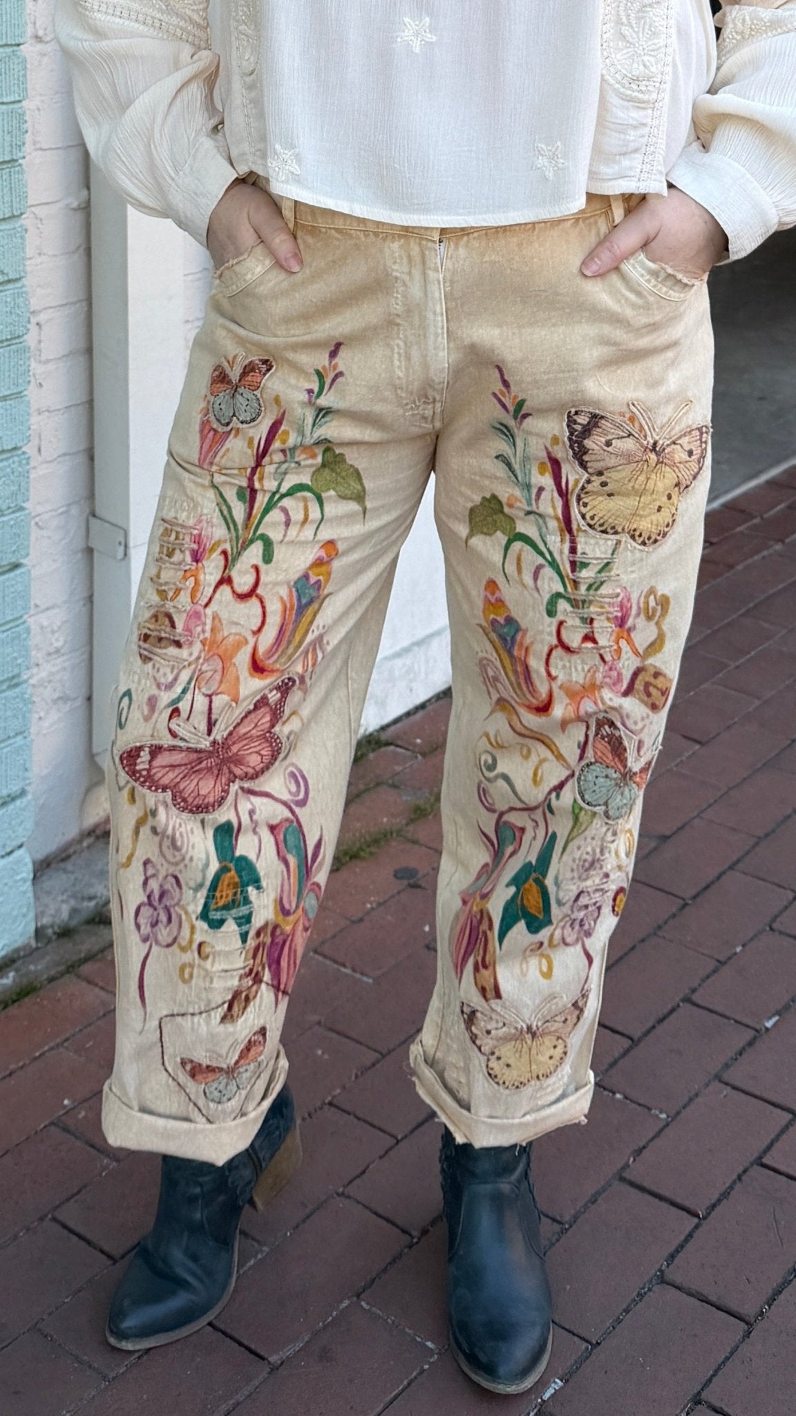Butterfly Dreams: Boho Cotton Pants | Slouchy Wearable Art - Rebecca James Clothing