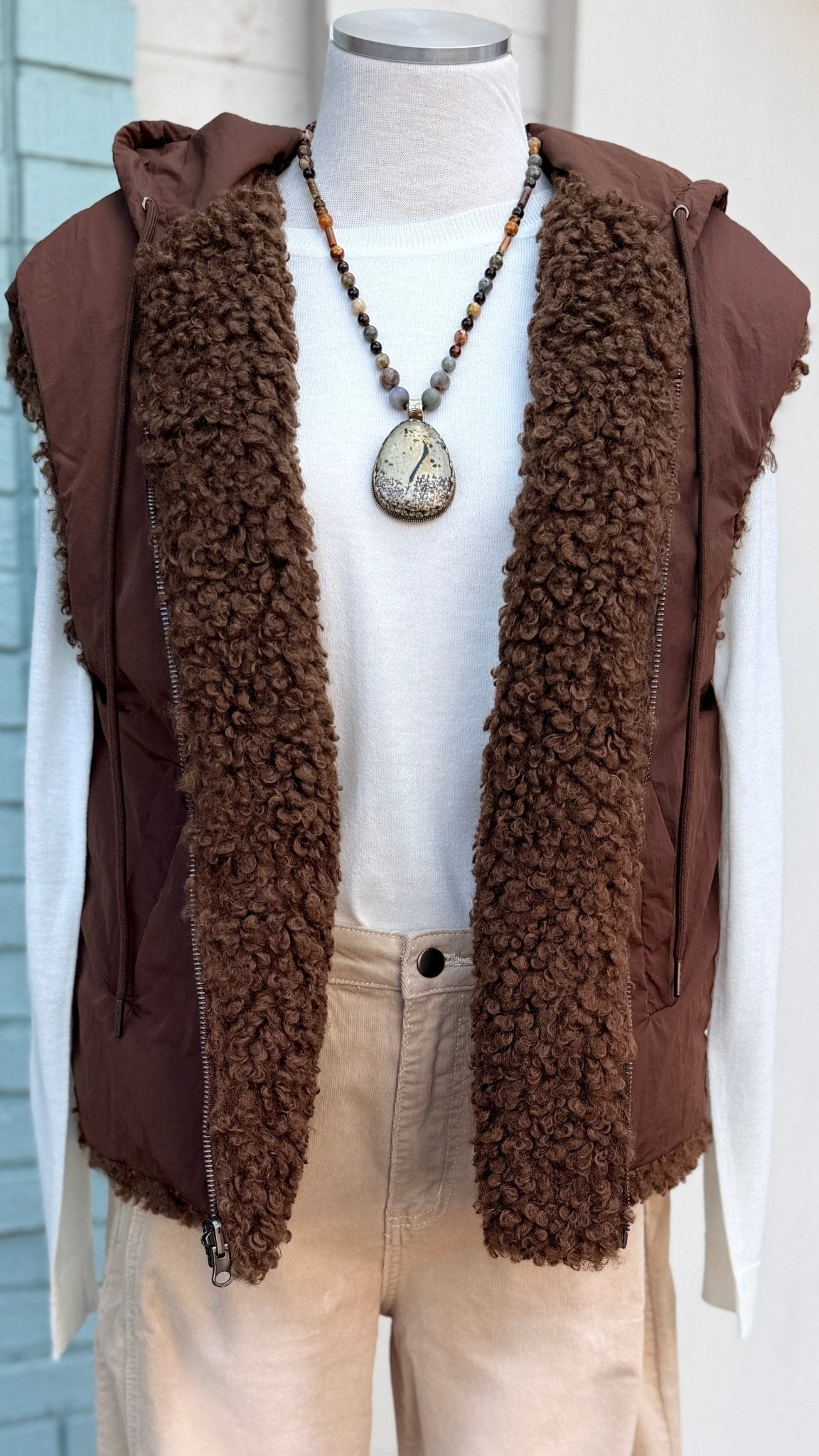 Chocolate Brown Fuzzy Sherpa Reversible Vest - Rebecca James Clothing