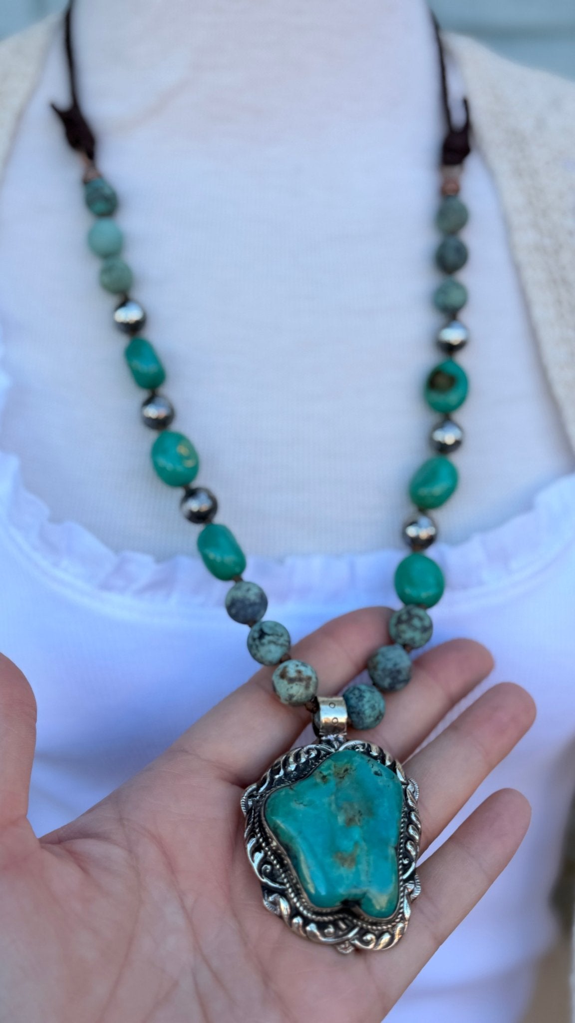 Chunky Turquoise Pendant Set in Silver on Handbeaded Necklace - Rebecca James Clothing