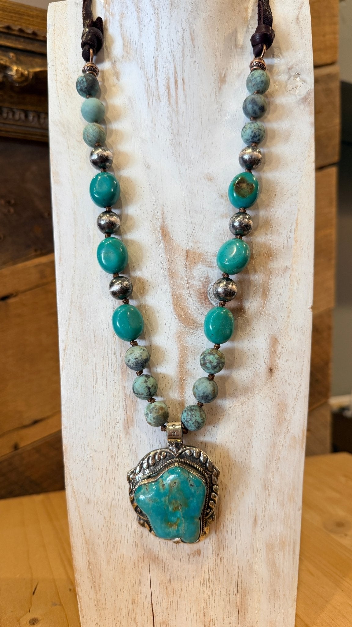Chunky Turquoise Pendant Set in Silver on Handbeaded Necklace - Rebecca James Clothing