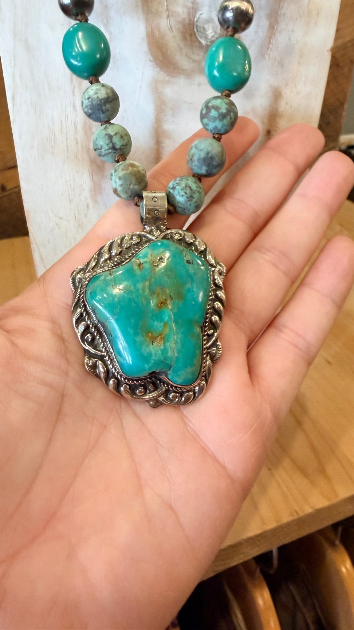 Chunky Turquoise Pendant Set in Silver on Handbeaded Necklace - Rebecca James Clothing
