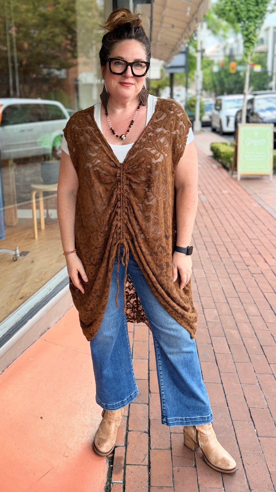 Cinched Front Chocolate Lace Coccon Top - Rebecca James Clothing