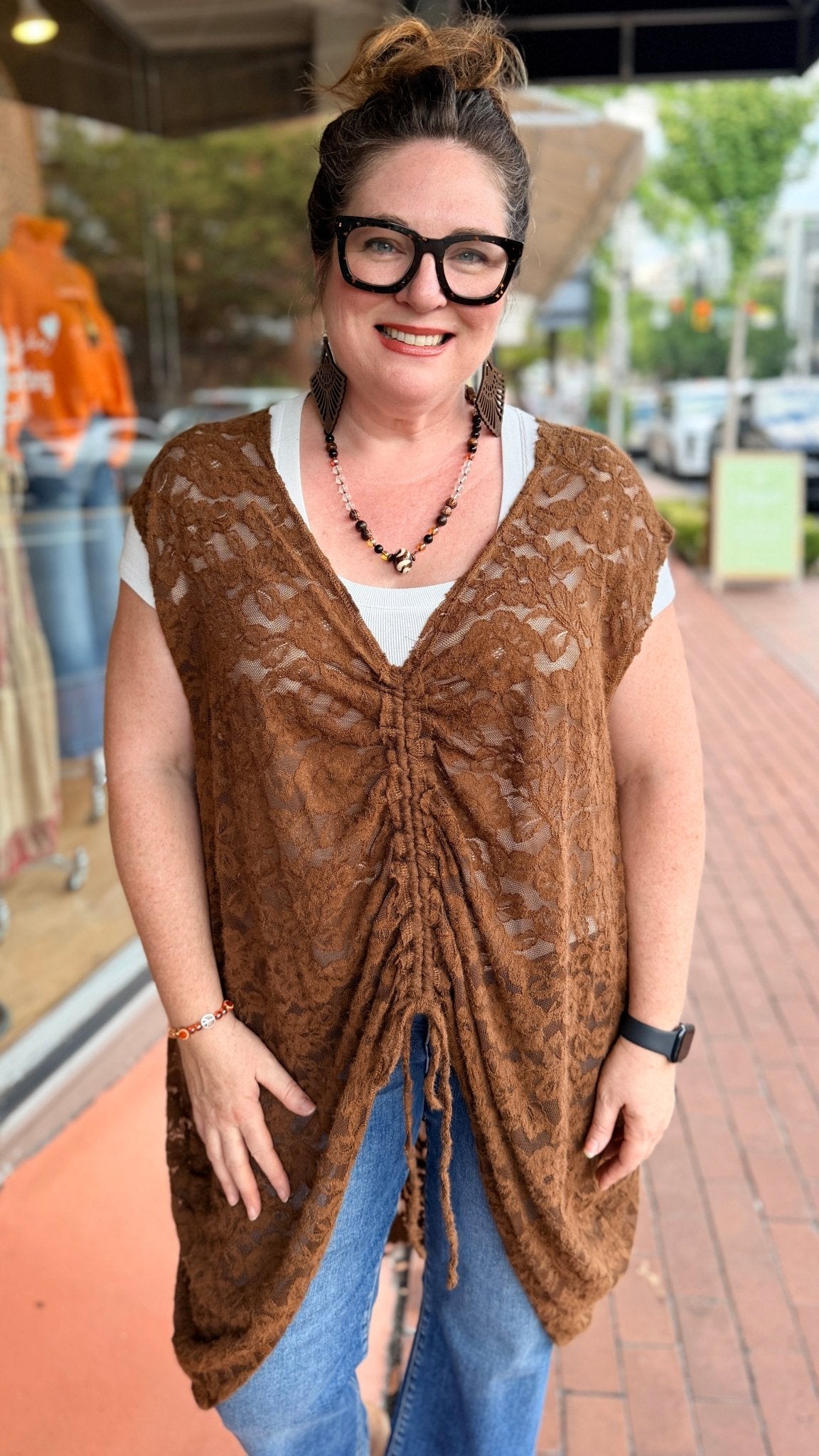 Cinched Front Chocolate Lace Coccon Top - Rebecca James Clothing
