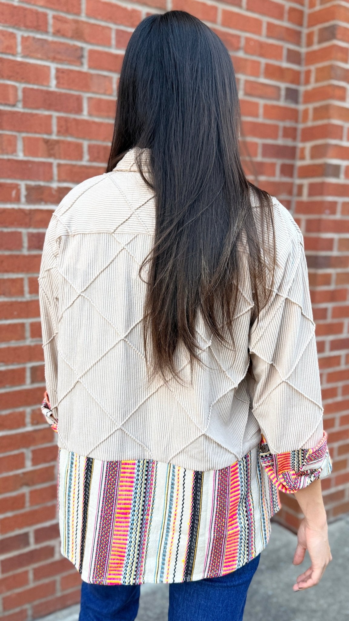 Corduroy Shirt Jacket With Fall Stripe Contrast Fabric - Rebecca James Clothing
