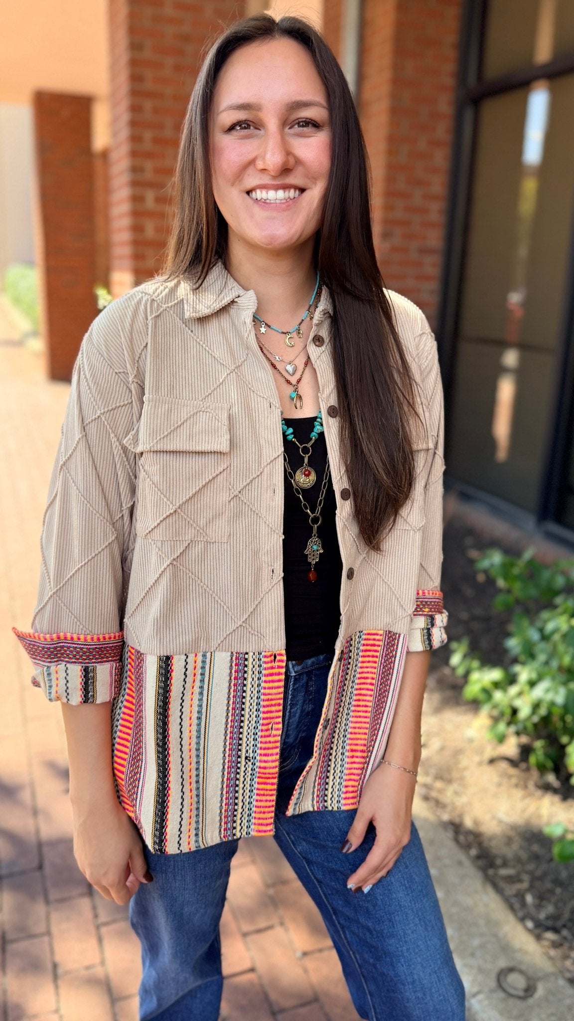 Corduroy Shirt Jacket With Fall Stripe Contrast Fabric - Rebecca James Clothing