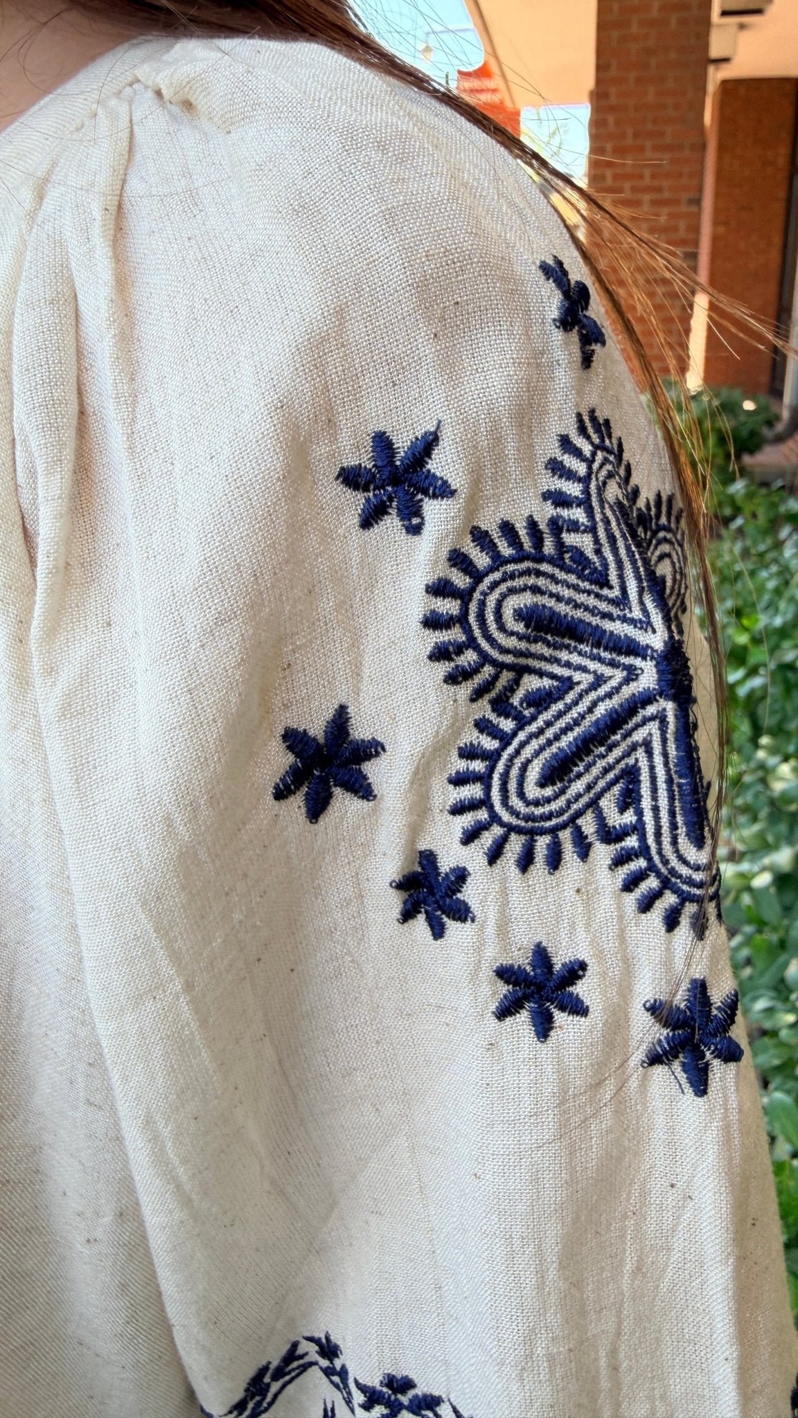Cream Boho Peasant Top with Navy Embroidery - Rebecca James Clothing